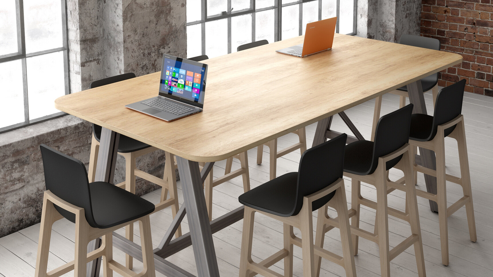 Elite Alto Poseur Height Table With Wood Table Top Finish And Near Black Leg Finish With Eight Bill Stools In Black Plastic Upholstery And Wood Legs In Office Environment