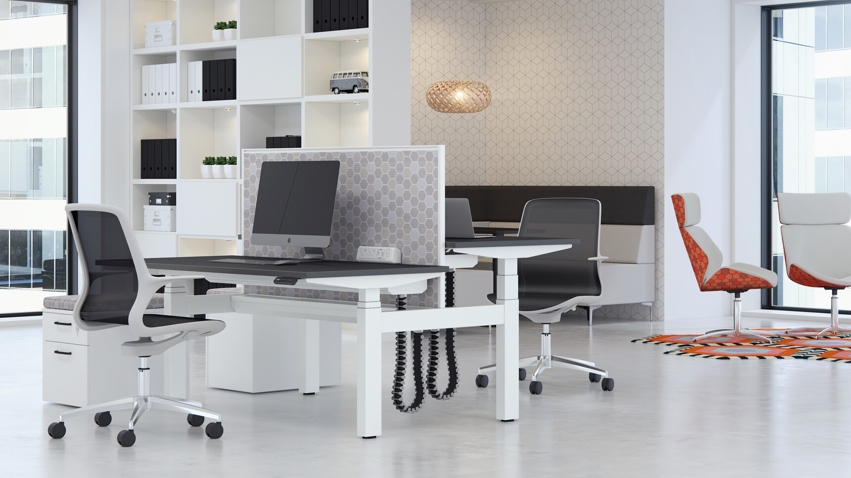 Two Elite Three Drawer Low Mobile Pedestal with Grey Seat Pad White Finish Black Metal Handles Two Tempo Mesh Five Star Base At Desk