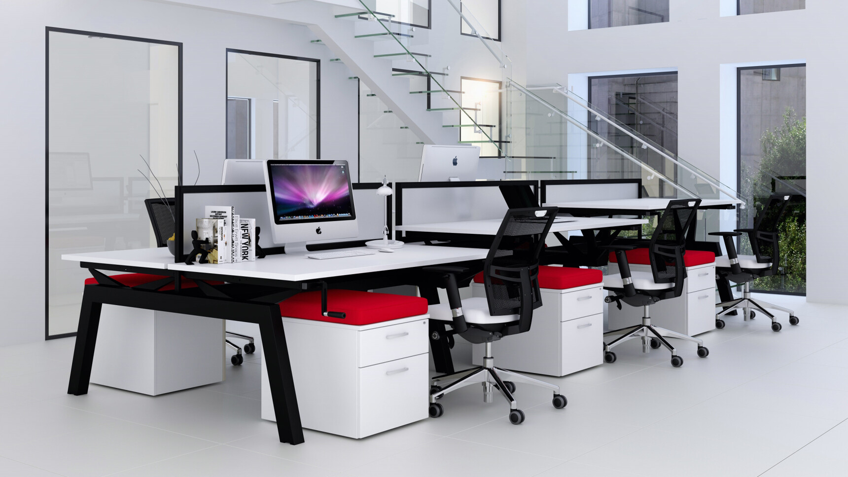 Six Elite Two Drawer Low Mobile Pedestals with Red Seat Pads White Finish Metal Handles Four Loreto Mesh Back At Three Height Adjustable Desks