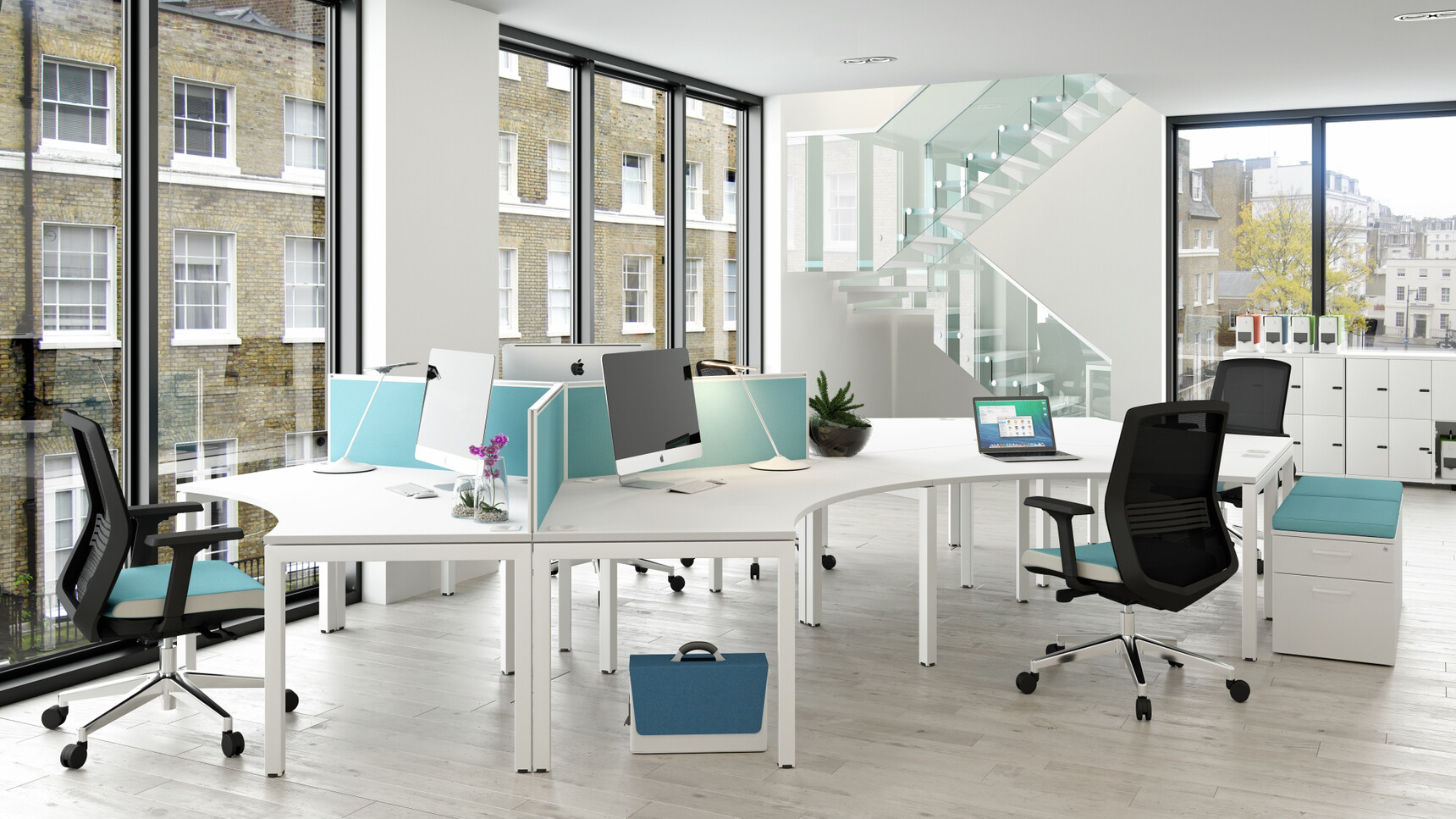 Two Elite Three Drawer Low Mobile Pedestal with Blue Seat Pad White Finish White Metal Handles Four Vida Mesh Back At Desks