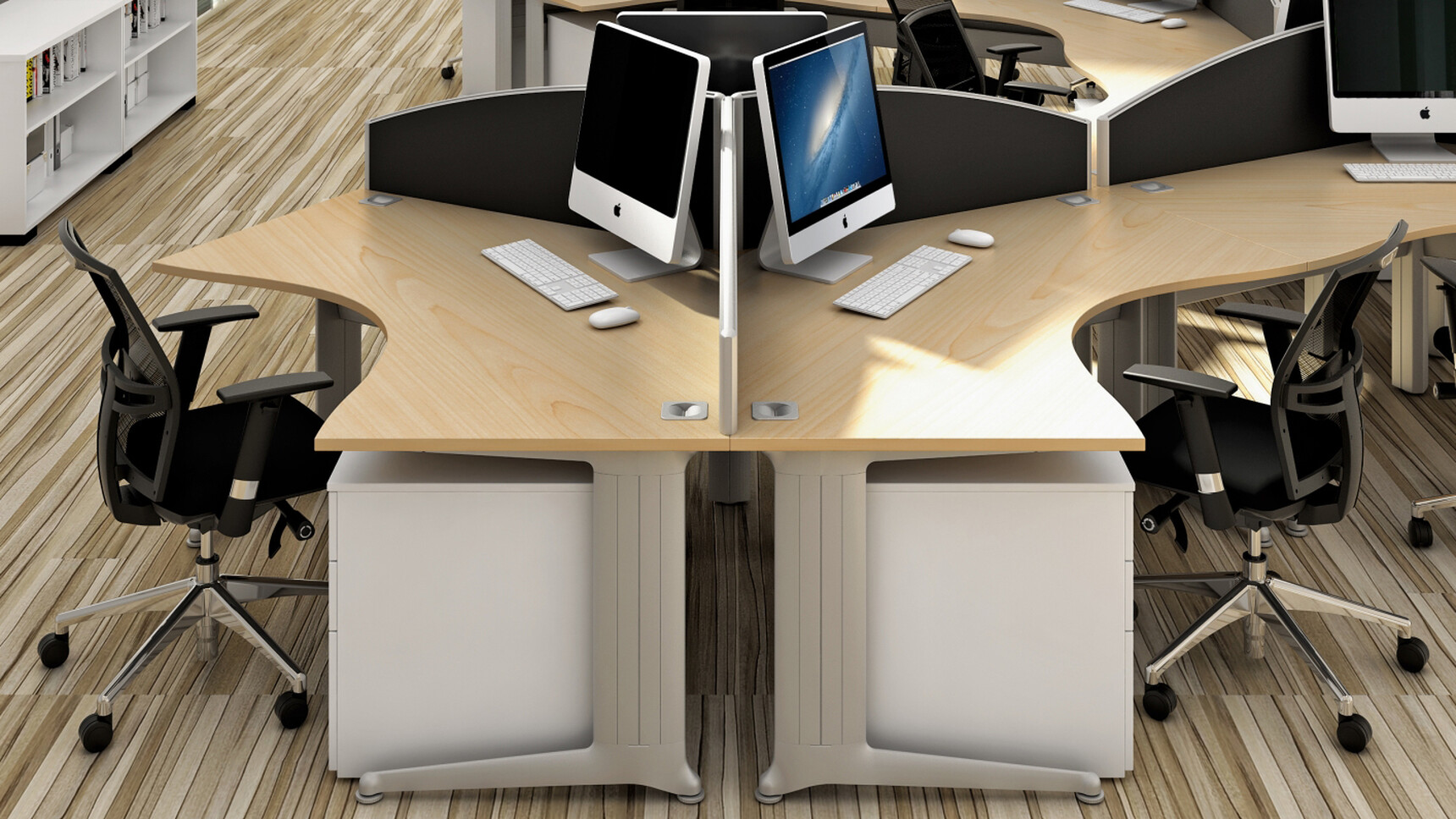 Two Elite Three Standard Drawer Mobile Pedestals White Finish Five Kassini 120 Degree Workstations Light Wood Finish Silver Legs Four Loreto Mesh Back Black Upholstery