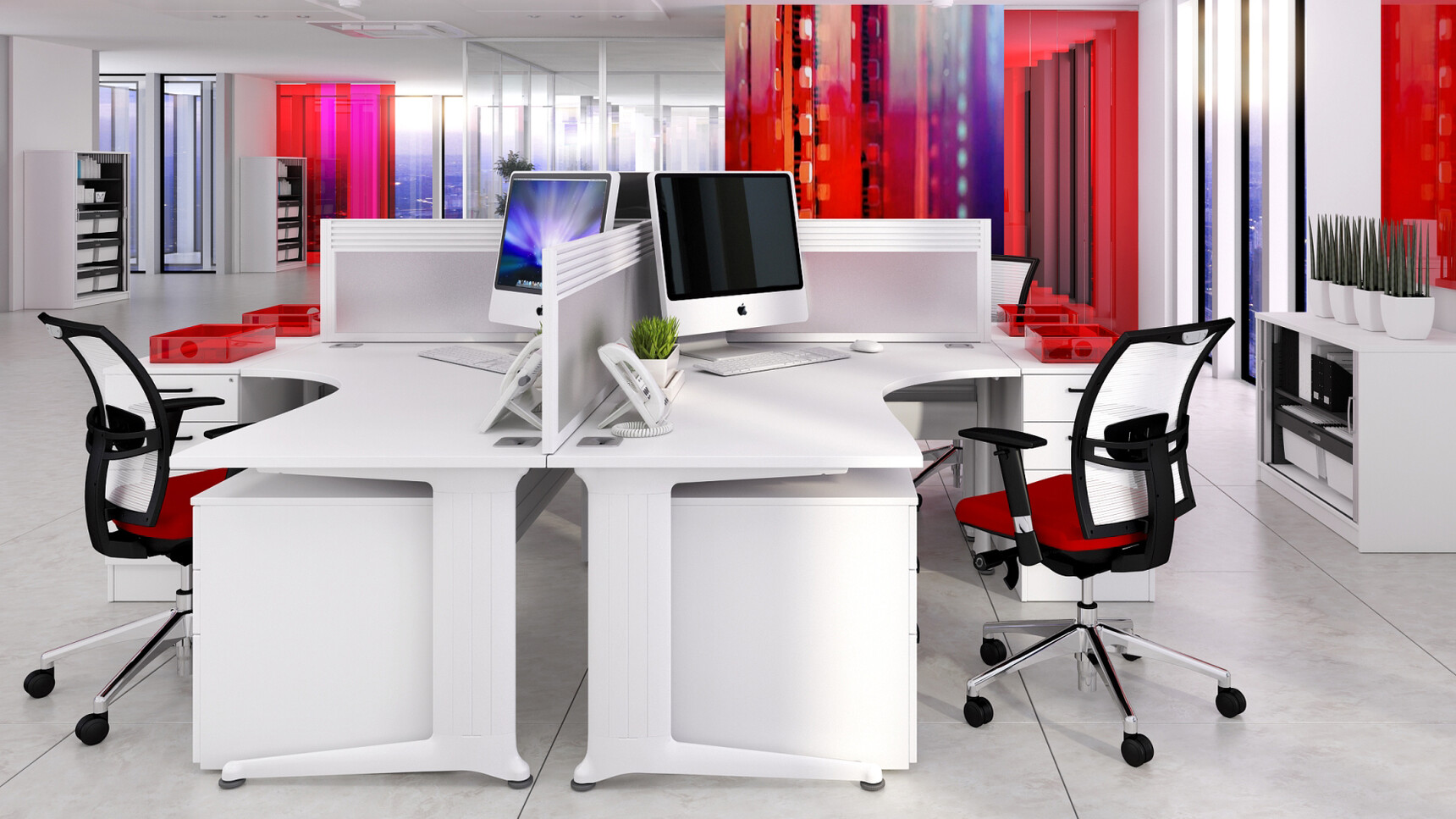 Four Elite Three Standard Drawer Mobile Pedestals White Finish Four Kassini Crescent Workstations White Finish Three Loreto Mesh Back Red Upholstery