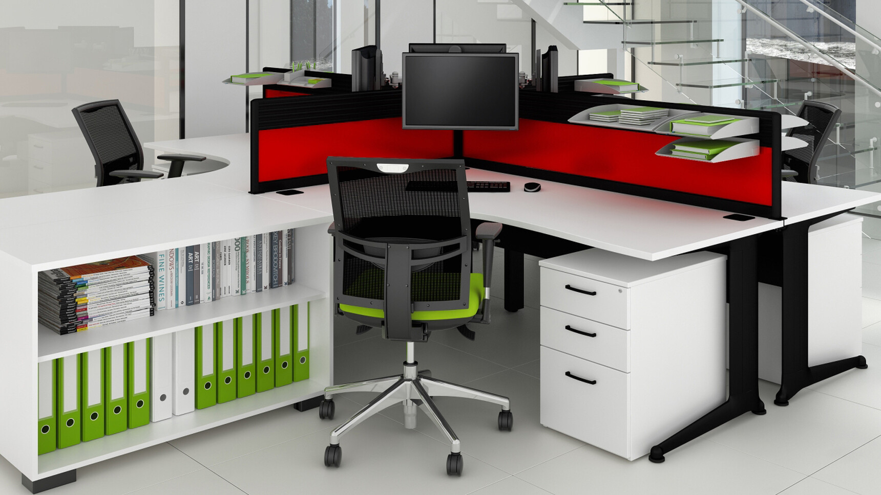 Four Elite Three Standard Drawer Mobile Pedestals White Finish Four Kassini Crescent Workstations White Finish Four Loreto Mesh Back Green Upholstery Open Fronted Desk High Storage Unit