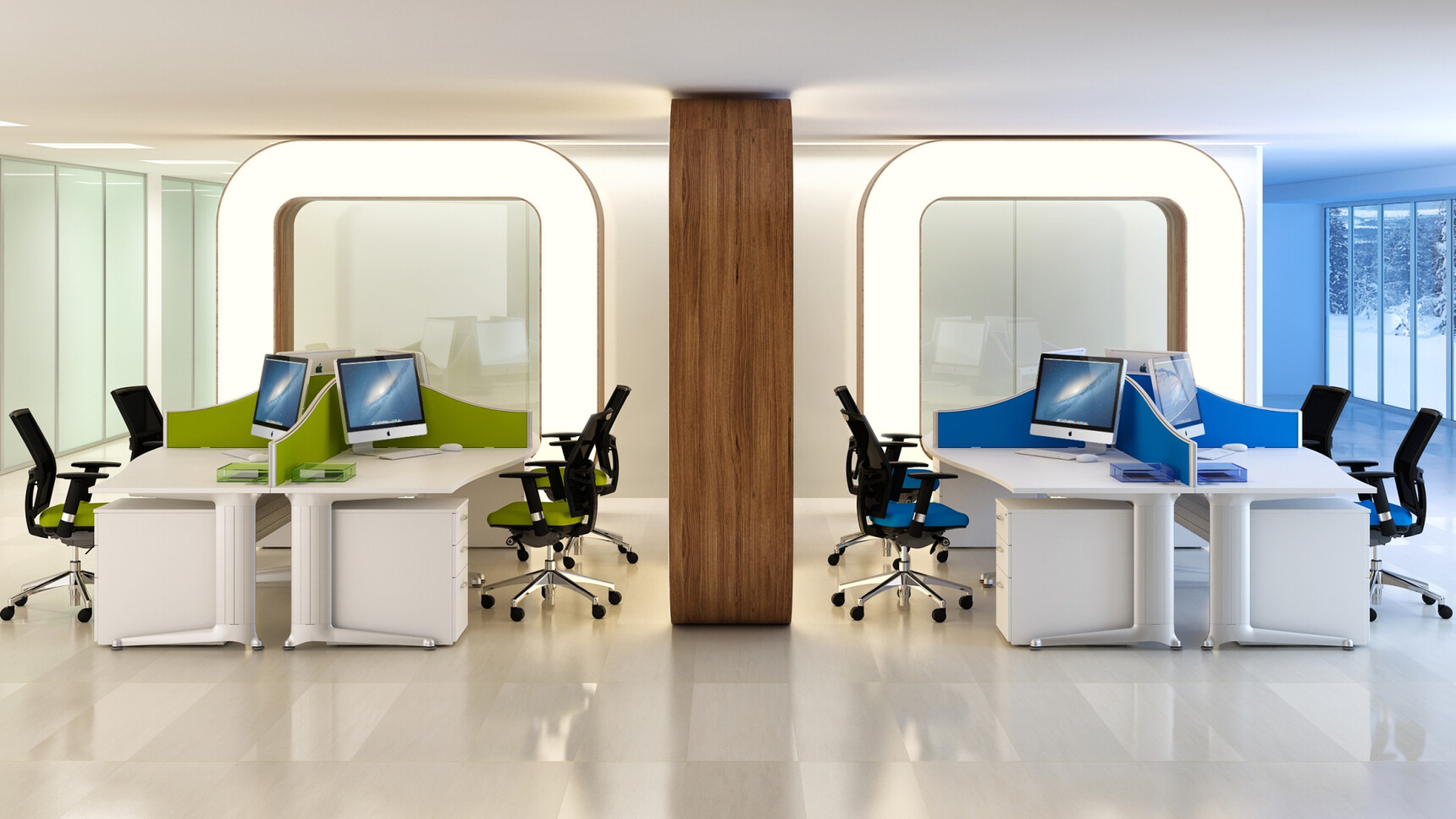 Eight Elite Three Standard Drawer Mobile Pedestals White Finish Eight Kassini Single Wave Desks White Finish Silver Leg Eight Loreto Mesh Back Blue Green Upholstery