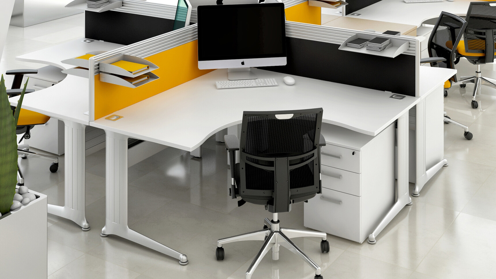 Three Elite Three Standard Drawer Mobile Pedestals White Finish Five Kassini 120 Degree Workstations White Finish Silver Legs Four Loreto Mesh Back Orange Black Upholstery