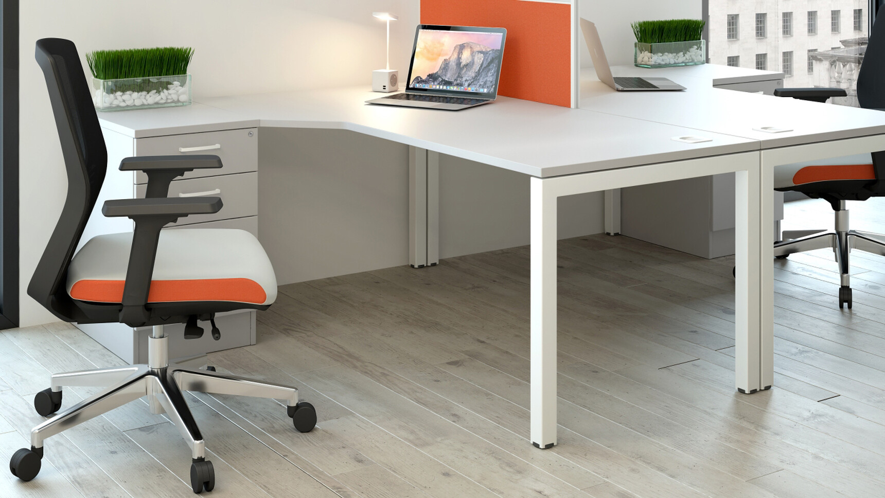 Elite Two Three Standard Drawer Desk High Pedestal Grey Finish Two Vida Mesh Back White Black Upholstery Orange Side Panel At Desks