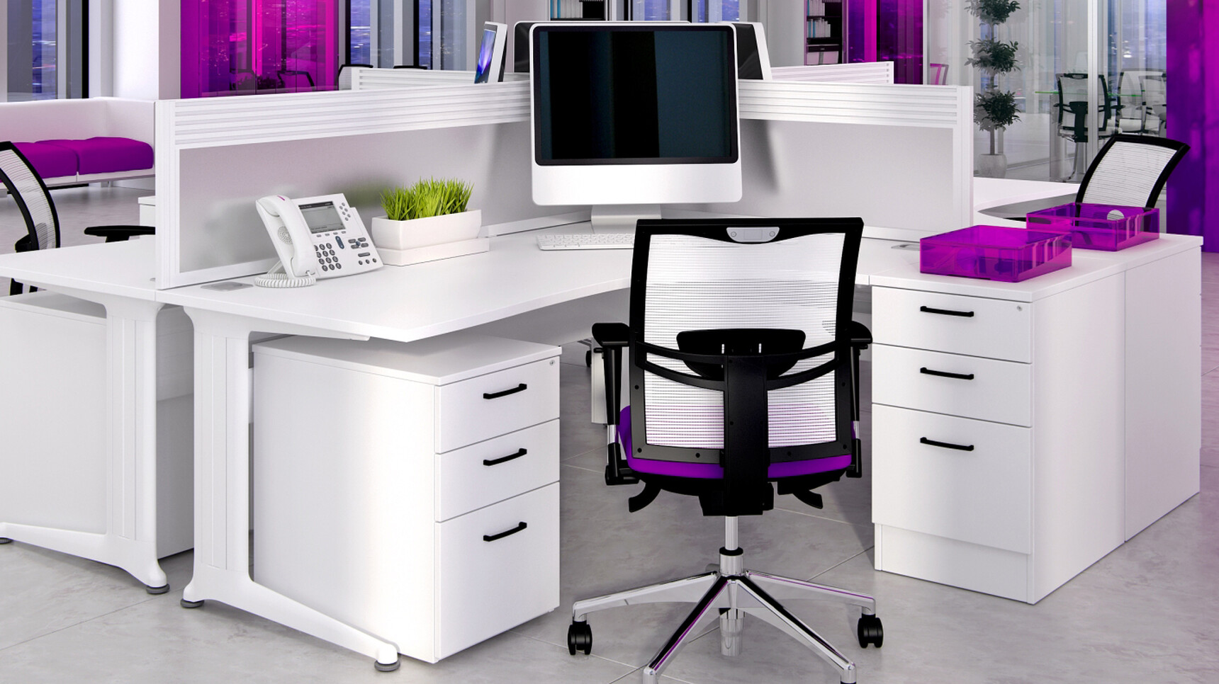 Two Elite Three Standard Drawer Desk High Pedestal White Finish Two Three Standard Drawer Mobile Pedestal White Finish Three Kassini Crescent Workstations Three Loreto Mesh Chairs Purple Upholstery