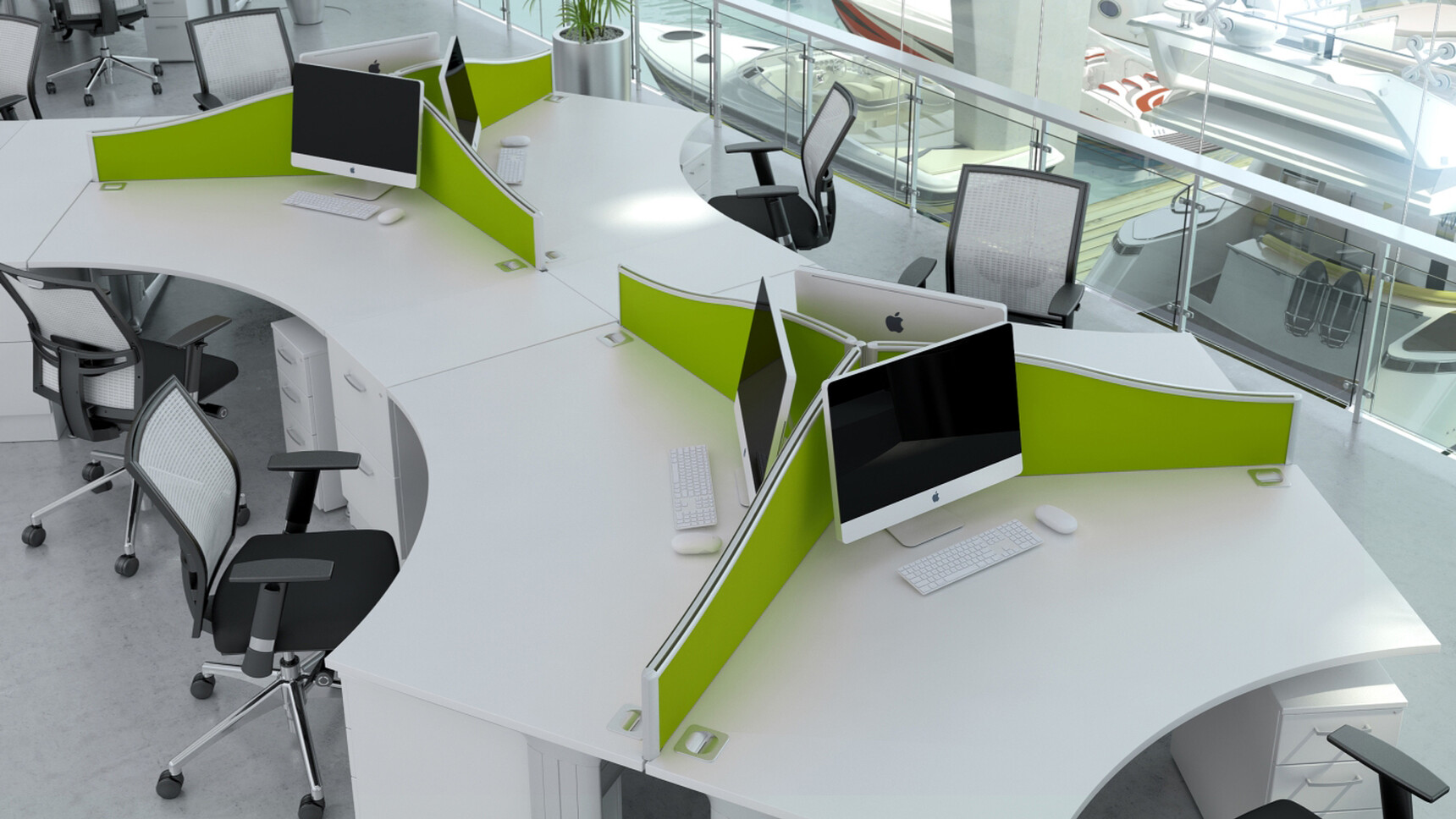 Four Elite Two Standard Drawer Desk High Pedestal White Finish Two Three Standard Drawer Narrow Mobile Pedestal White Finish Six Kassini 120 Degree Workstations White Finish Loreto Mesh Chairs