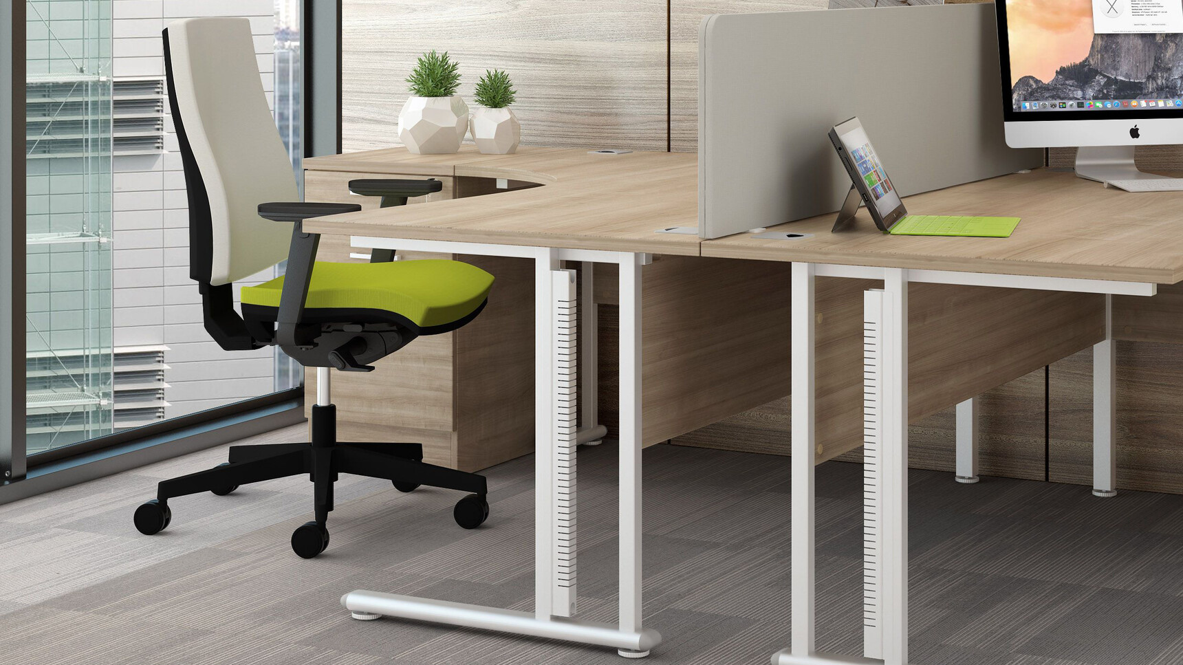 Elite Three Standard Drawer Desk High Pedestal With Dark Wood Finish And Two Flexi Crescent Workstations And One Elite Office Chair With Green Upholstery In Office Environment