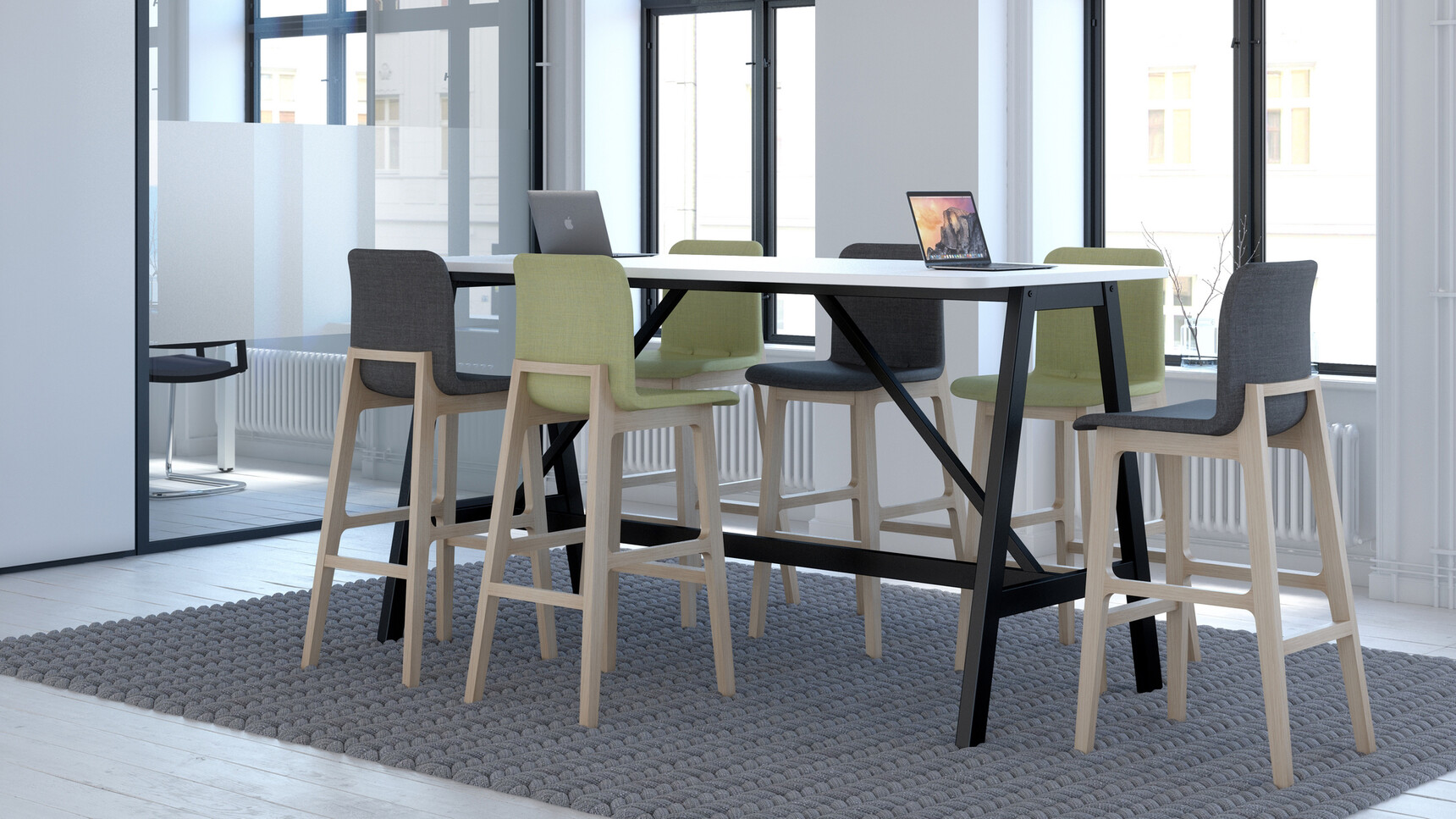 Elite Harmony Poseur Height Table With Support Frame White Top Black Leg Finish Six Bill Upholstered Stools Grey Green Upholstery Wood Base Finish