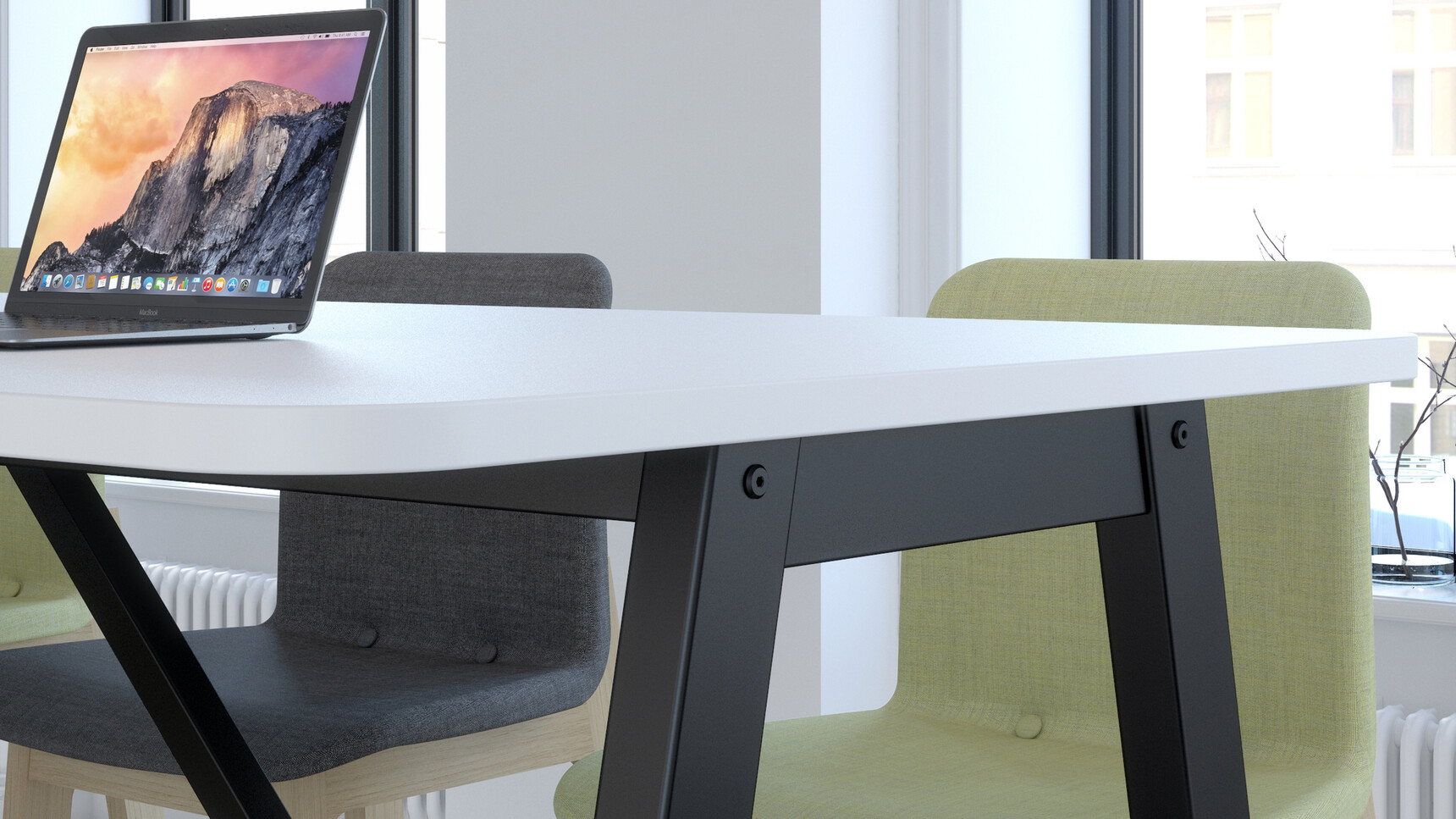 Elite Harmony Poseur Height Table With Support Frame White Top Black Leg Finish Three Bill Upholstered Stools Green Grey Upholstery Wood Base Finish Detail Image