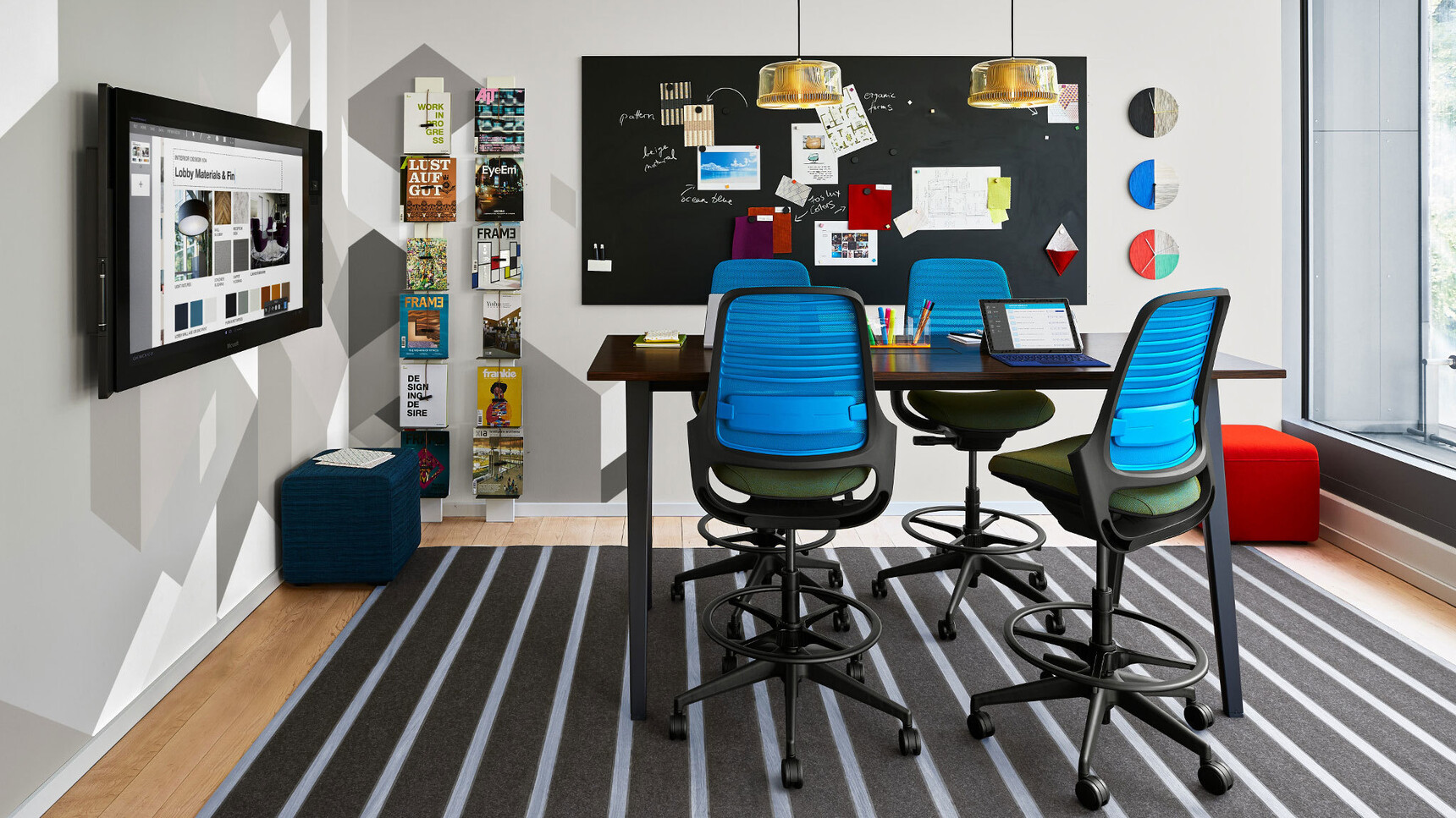 Four Steelcase Draughtsman Office Stools With Green Upholstery And Blue Backrest At Desk