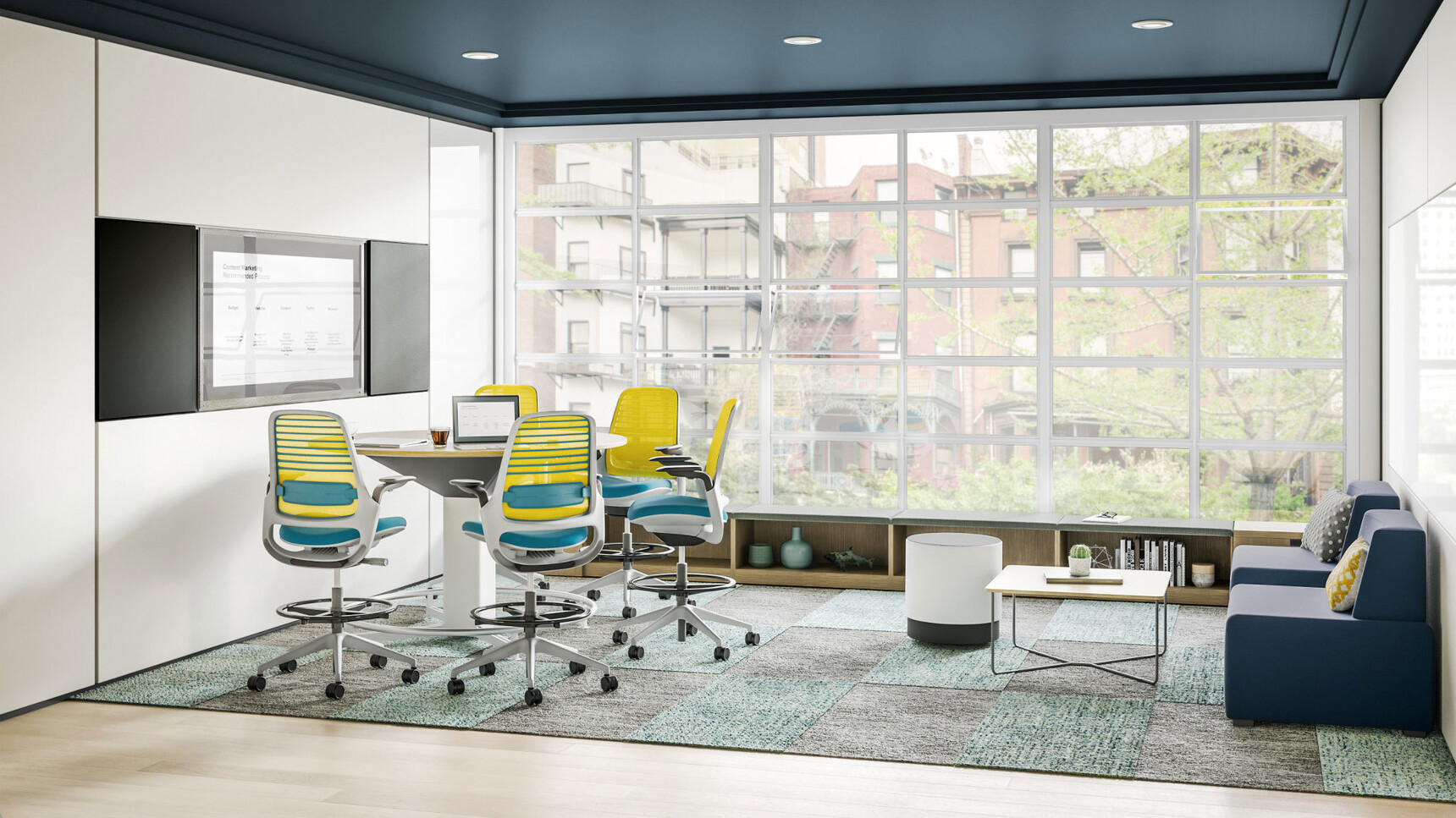Five Steelcase Draughtsman Office Stools With Blue Upholstery And Light Green Backrest At Desk