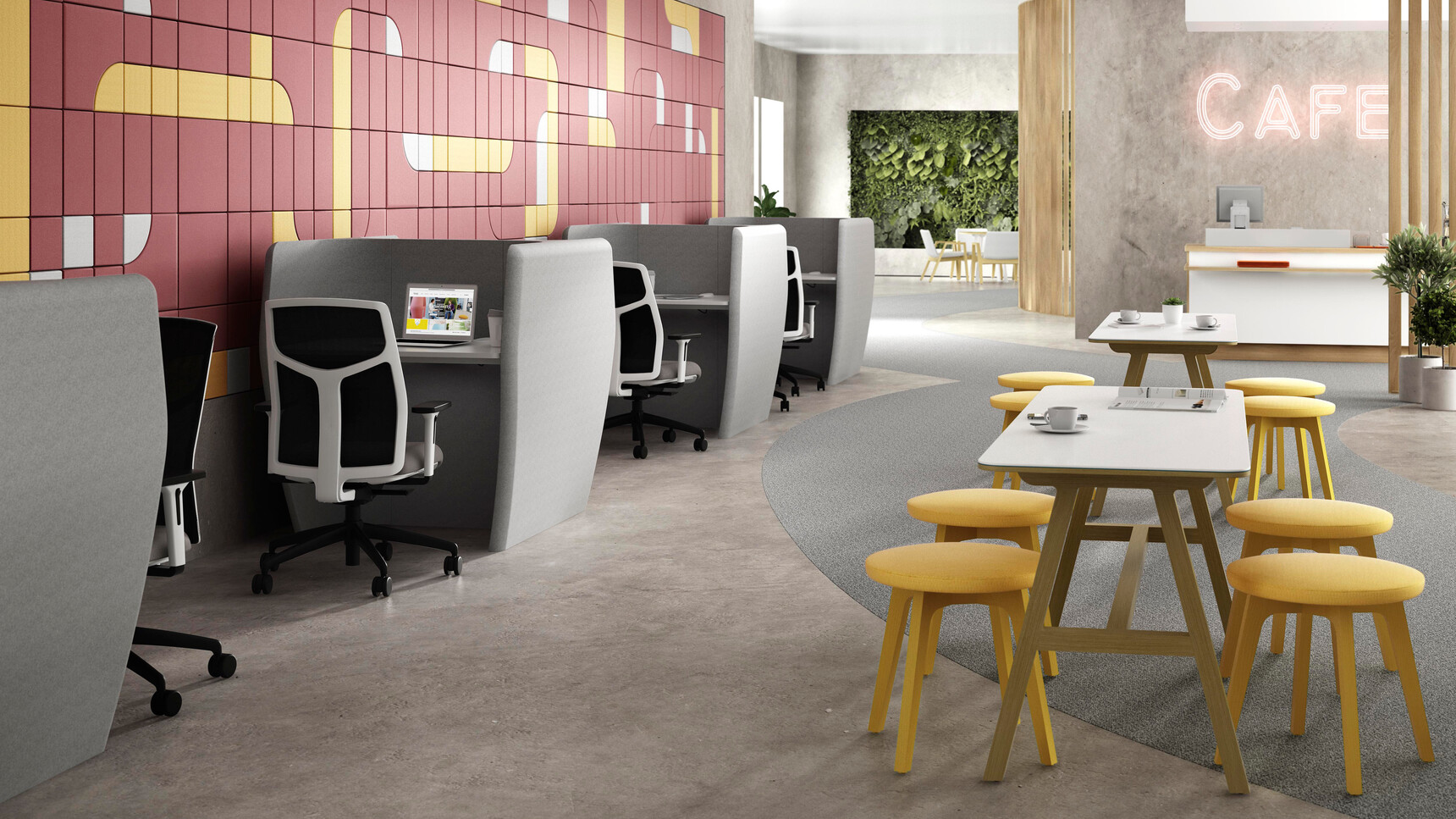 Four Boss Design Tauro Mesh Back Office Chairs With Black Mesh Backrest And Grey Seat Upholstery And White Frame And Black White Armrests With Black Base On Castors At Four Atom Work Booths In Grey Upholstery