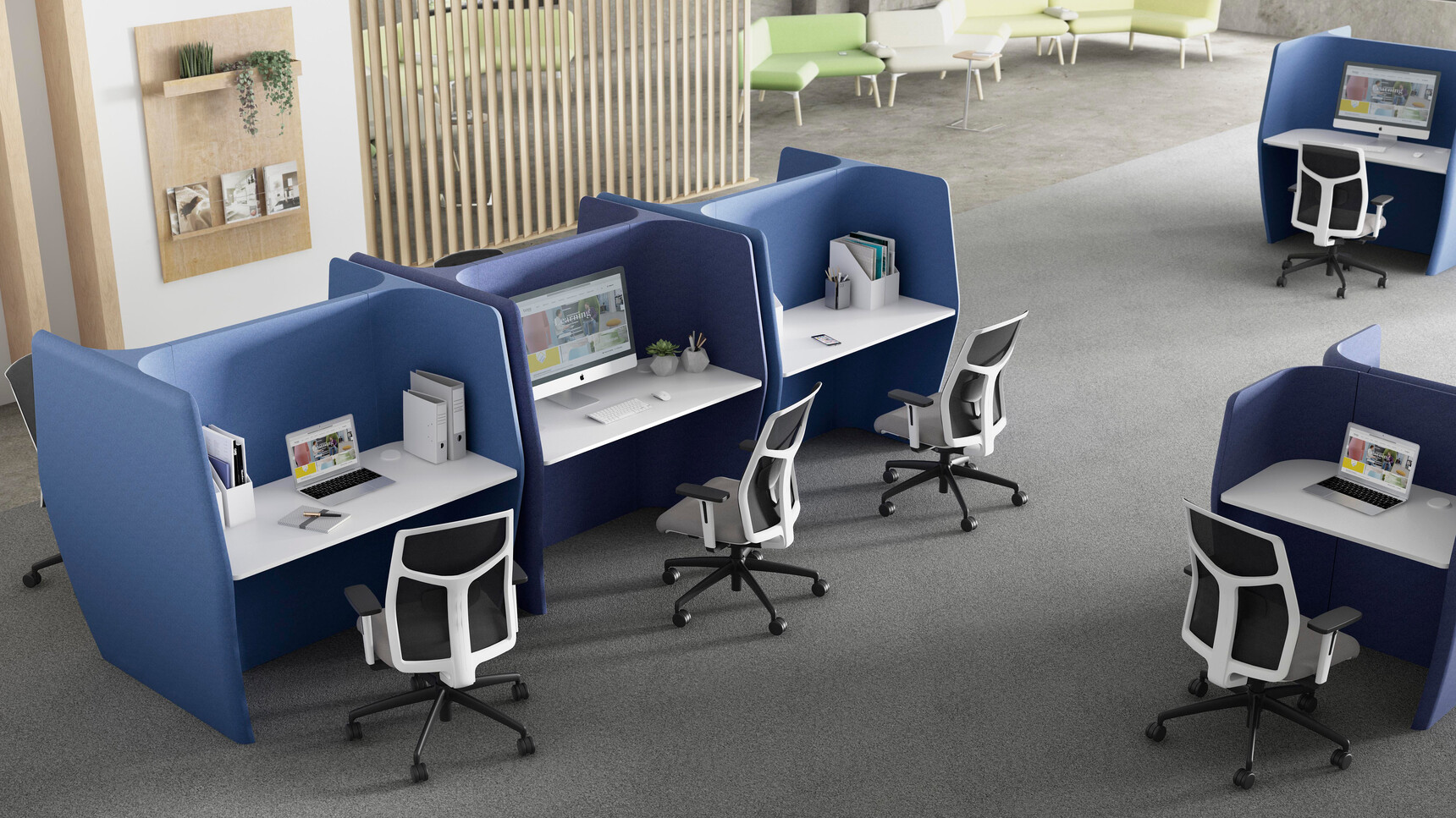 Five Boss Design Tauro Mesh Back Office Chairs With Black Mesh Backrest And Grey Seat Upholstery And White Frame And Black White Armrests With Black Base On Castors At Six Atom Work Booths In Blue Upholstery