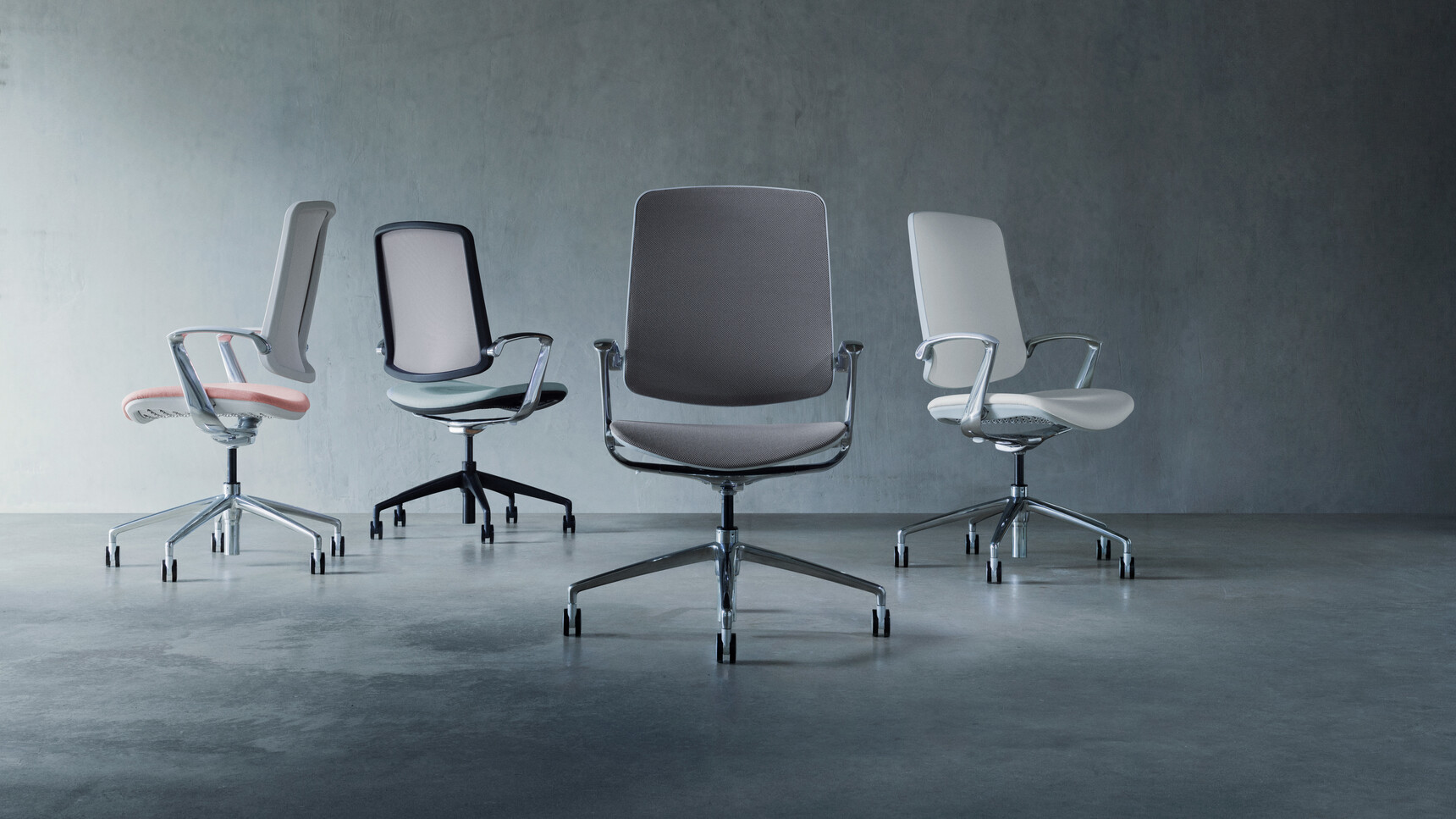 Four Boss Design Trinetic Upholstered Office Chairs One In Pink Upholstery And White Frame And One With White And One Grey And Polished Aluminium Base And One With Light Blue Upholstery And Black Base Finish
