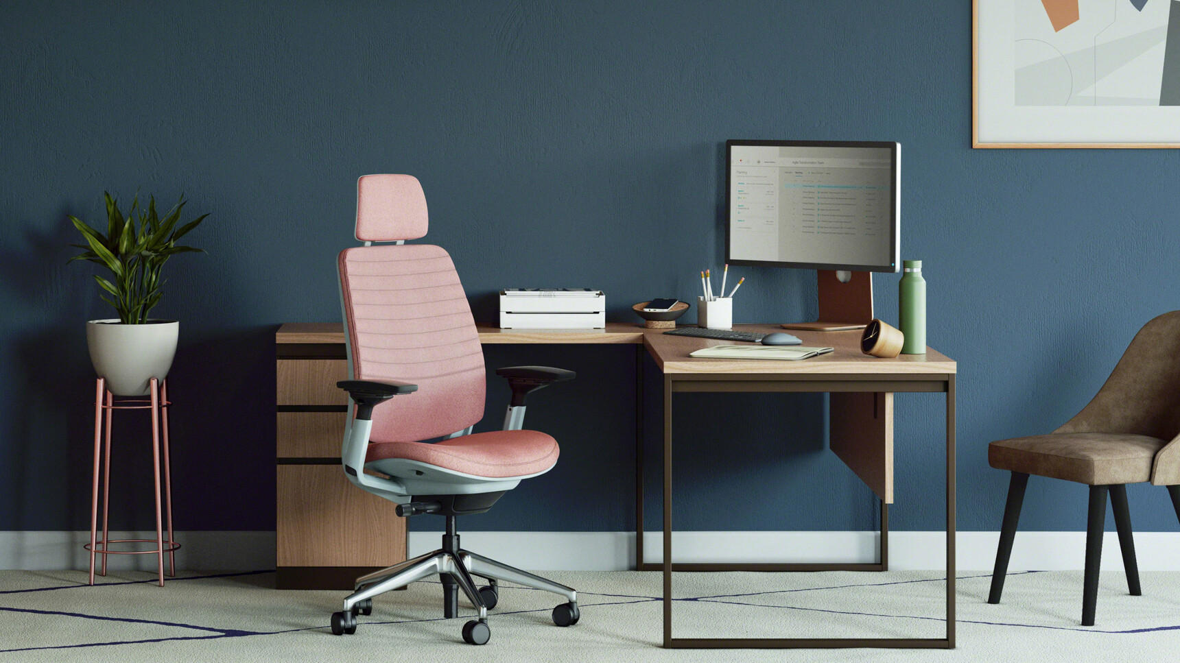 Steelcase Series 2 Office Chair With Pink Quilted Upholstery With Seagull Frame At Desk