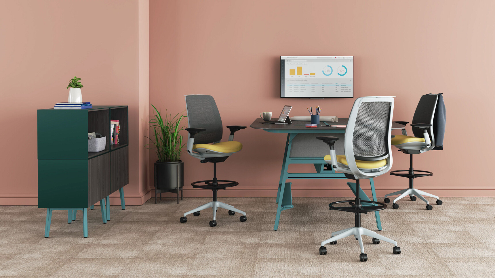 Three Series 2 Draughtsman Office Stools At Desk In Grey And Yellow And Seagull Frame