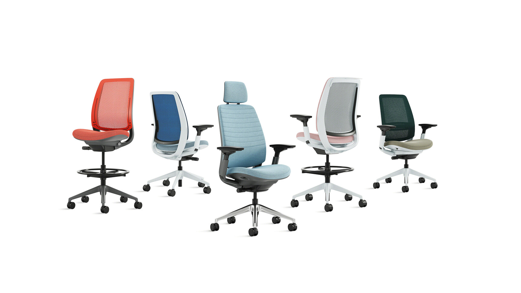Five Series Series 2 Office Chairs And Draughtsmans In Various Colours And Upholsterys White Background