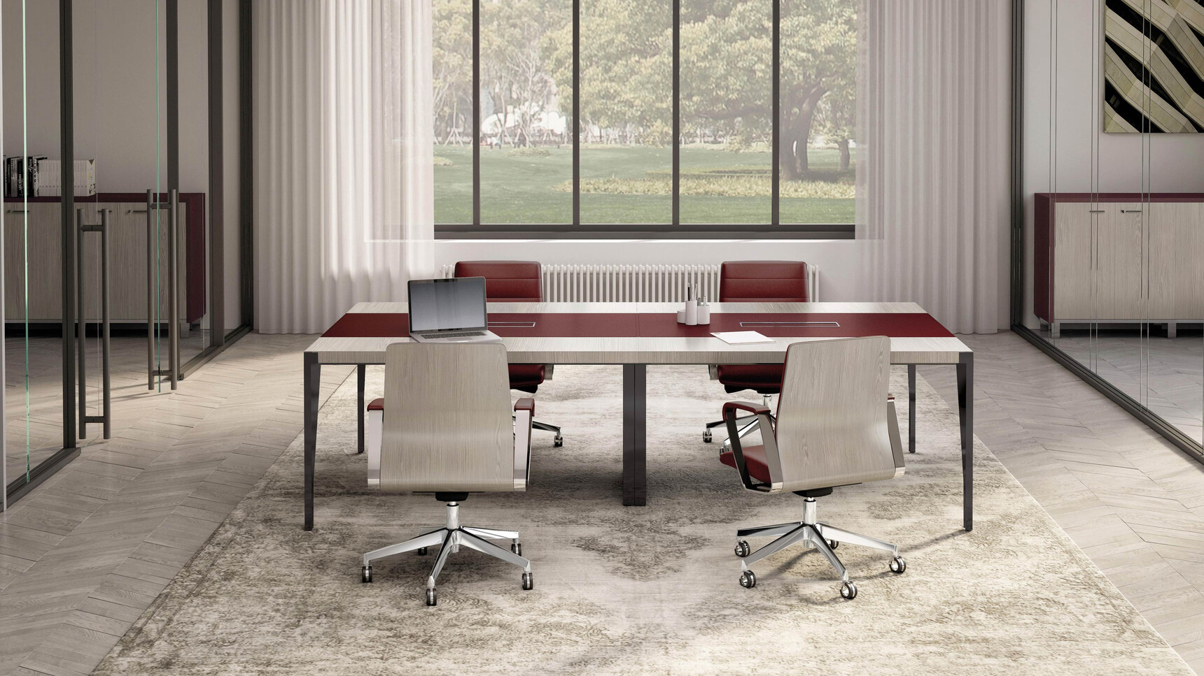 Quadrifoglio X9 Wood Veneer Boardroom Table Leather Inlay Light Wood Finish Dark Red Leather Inlay Black Legs One Inset Leg Black Black Aluminium Flaps Four Chairs