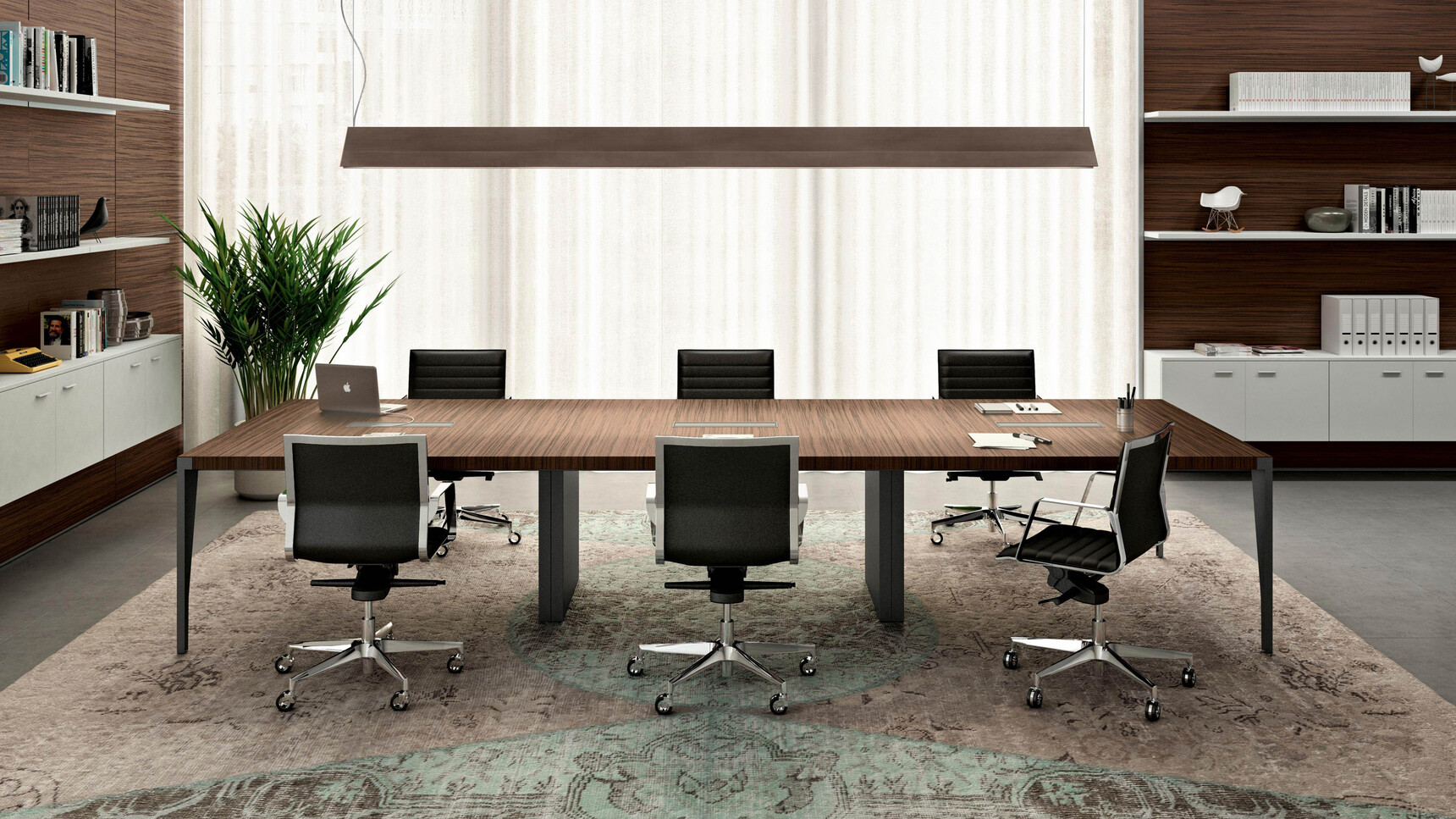 Quadrifoglio X9 Wood Veneer Boardroom Table With Dark Wood Finish And Three Black Aluminium Flaps With Black Legs And Two Inset Legs With Six Quadrifoglio Chairs In Black Upholstery
