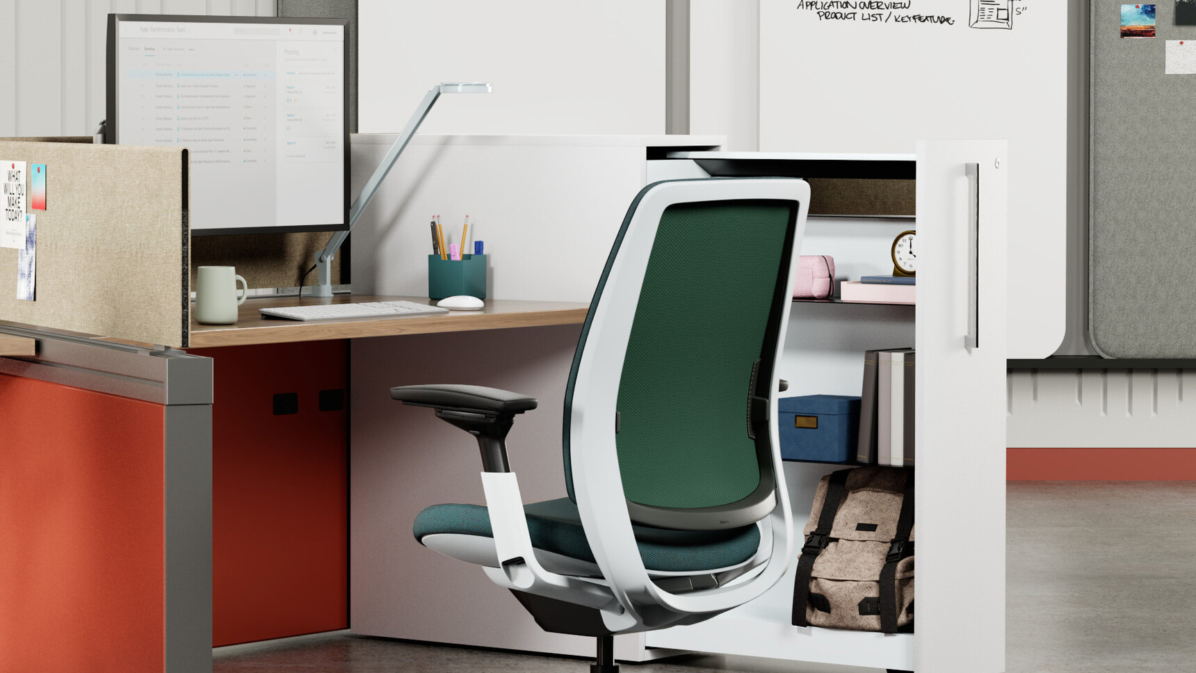 Steelcase Series 2 Upholstered Office Task Chair In Green Upholstery Seagull Frame At Desk Detail Image