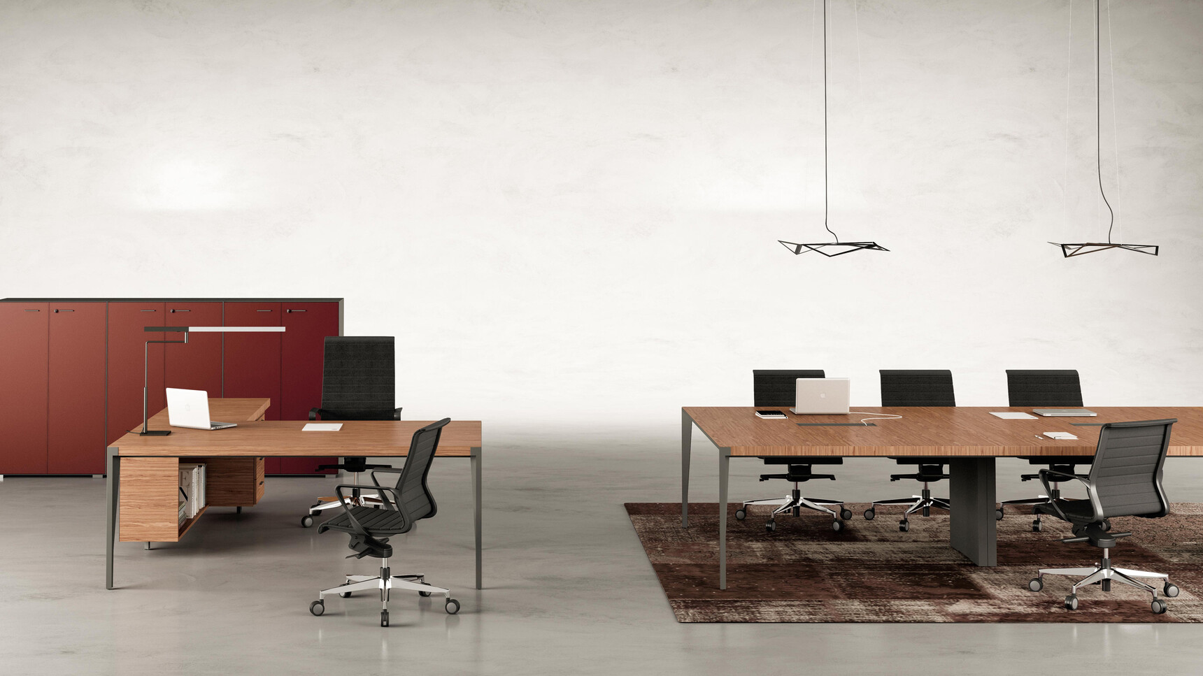 Quadrifoglio X9 Wood Veneer Desk with Return & Pedestal With Dark Wood Finish And Black Leg Finish With Two Chairs At Desk And X9 Wood Veneer Boardroom Table With Dark Wood Finish And Black Legs