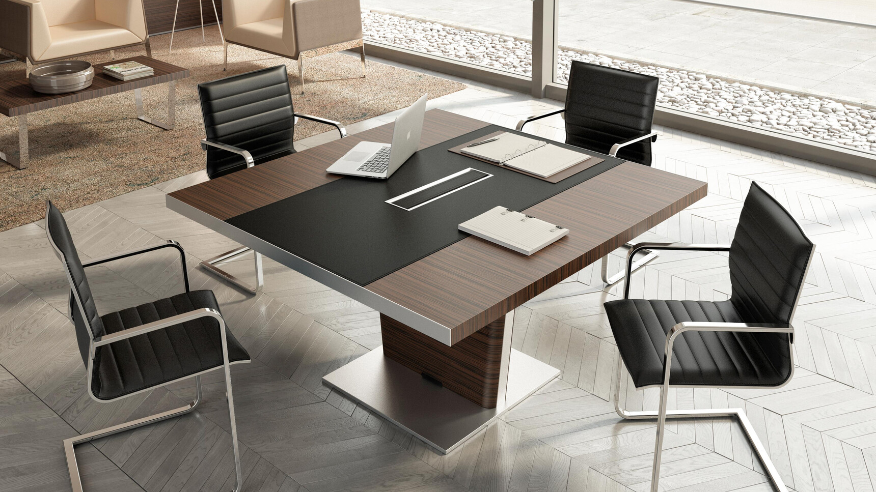 X10 Wood Veneer Meeting Table with Black Leather Inlay And Black Aluminium Flap With Dark Wood Finish With Four Quadrifoglio Chairs At Desk With Two Armchairs At Coffee Table