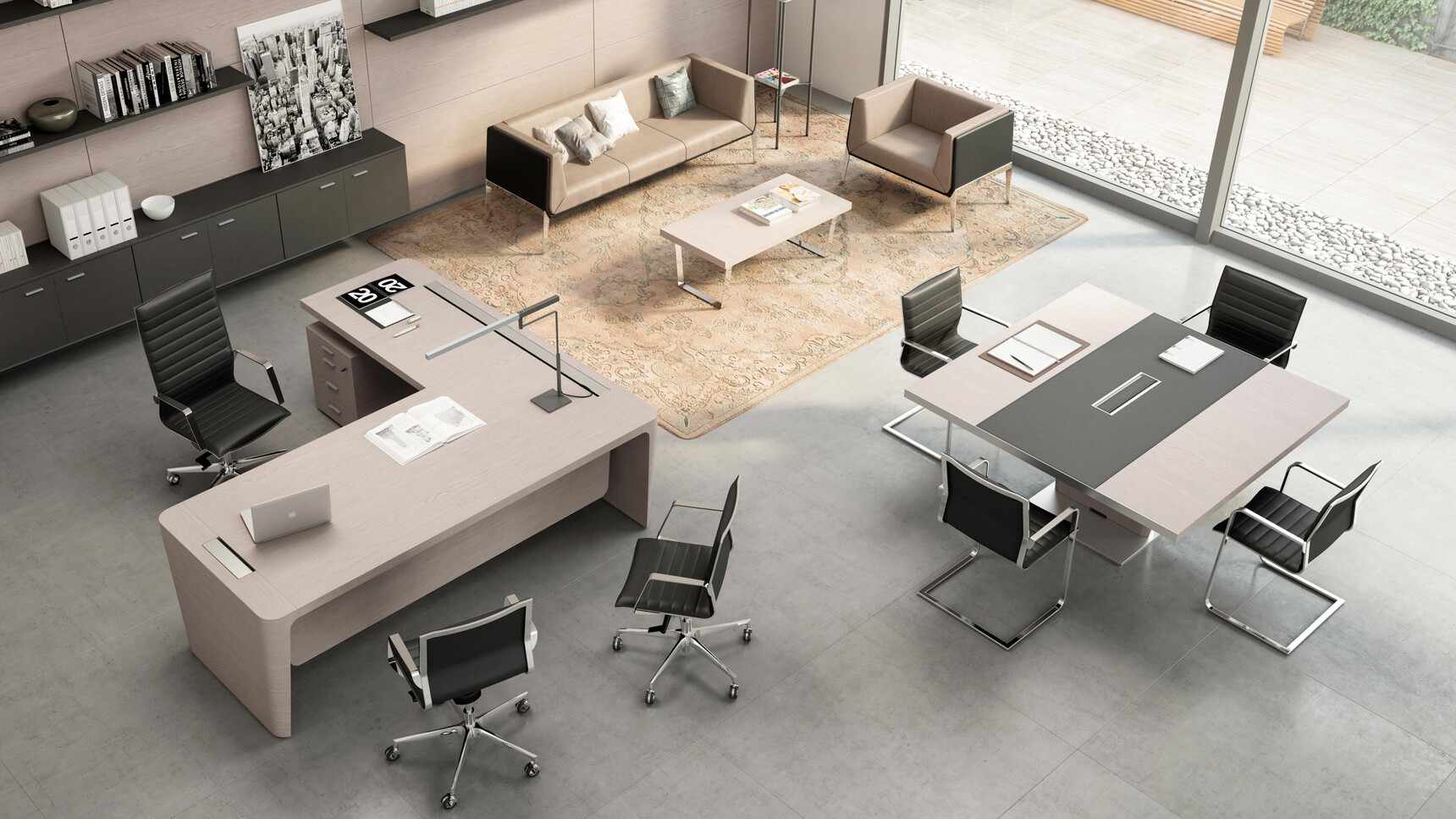 X10 Wood Veneer Desk with Return & Pedestal And Modesty Panel In Light Wood Finish With X10 Wood Veneer Meeting Table with Black Leather Inlay And Seven Quadrifoglio Chairs At Desks