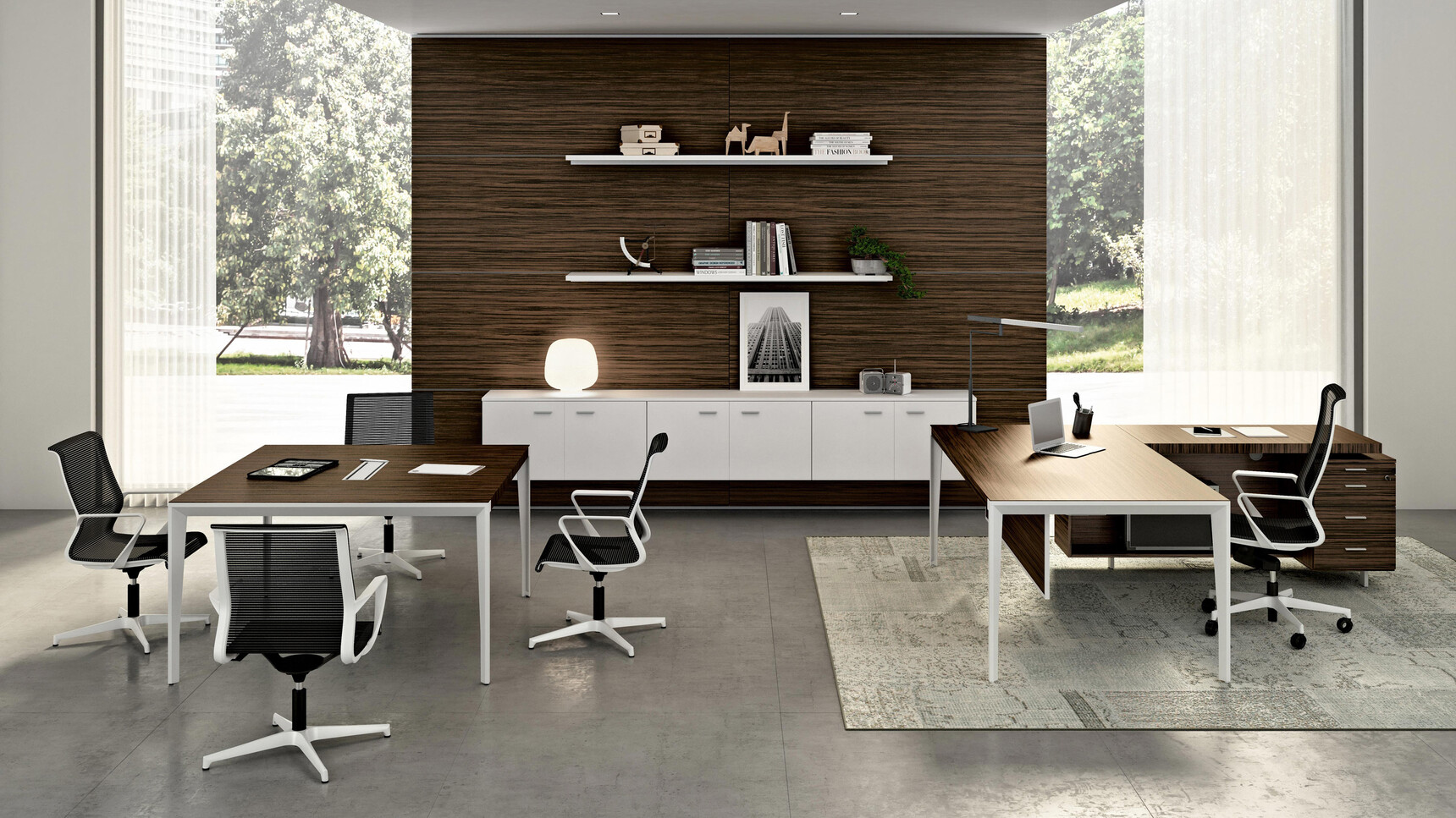 Quadrifoglio X9 Wood Veneer Meeting Table With Wood Finish With White Leg Finish And Four Quadrifoglio Chairs In Black Upholstery And White Armrest And Frame And White Four Star Base At Desks And X9 Desk