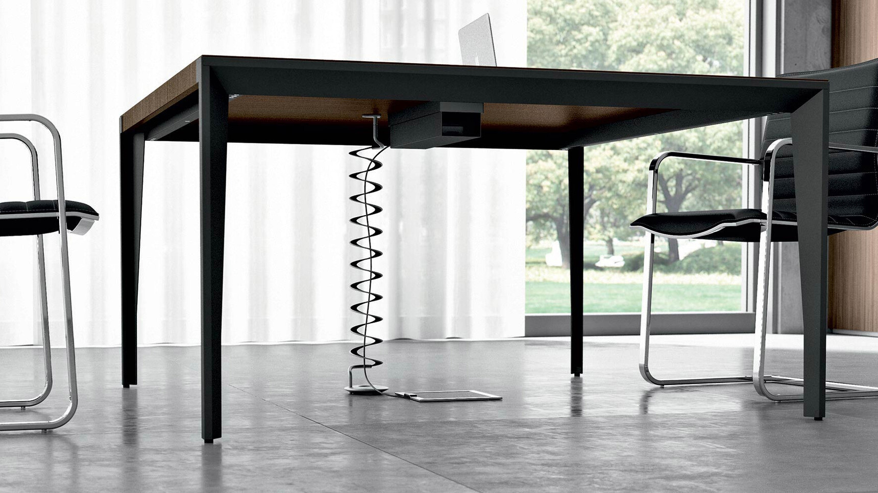 Quadrifoglio X9 Wood Veneer Meeting Table With Wood Finish With Black Leg Finish And Two Quadrifoglio Chairs Showing Underneath Table Detail Image