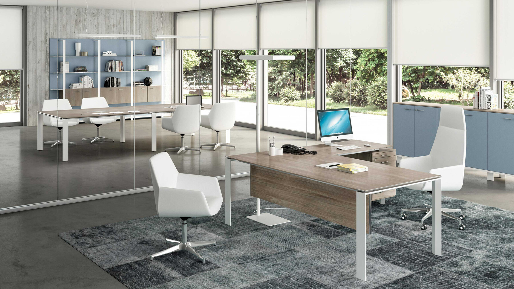 Quadrifoglio X7 Melamine Goalpost Leg Boardroom Table With Two Sections In Light Wood Finish And Grey Leg Finish And Two Grey Aluminium Flaps With Four Quadrifoglio Chairs At Desk And X7 Melamine Goalpost Leg Desk