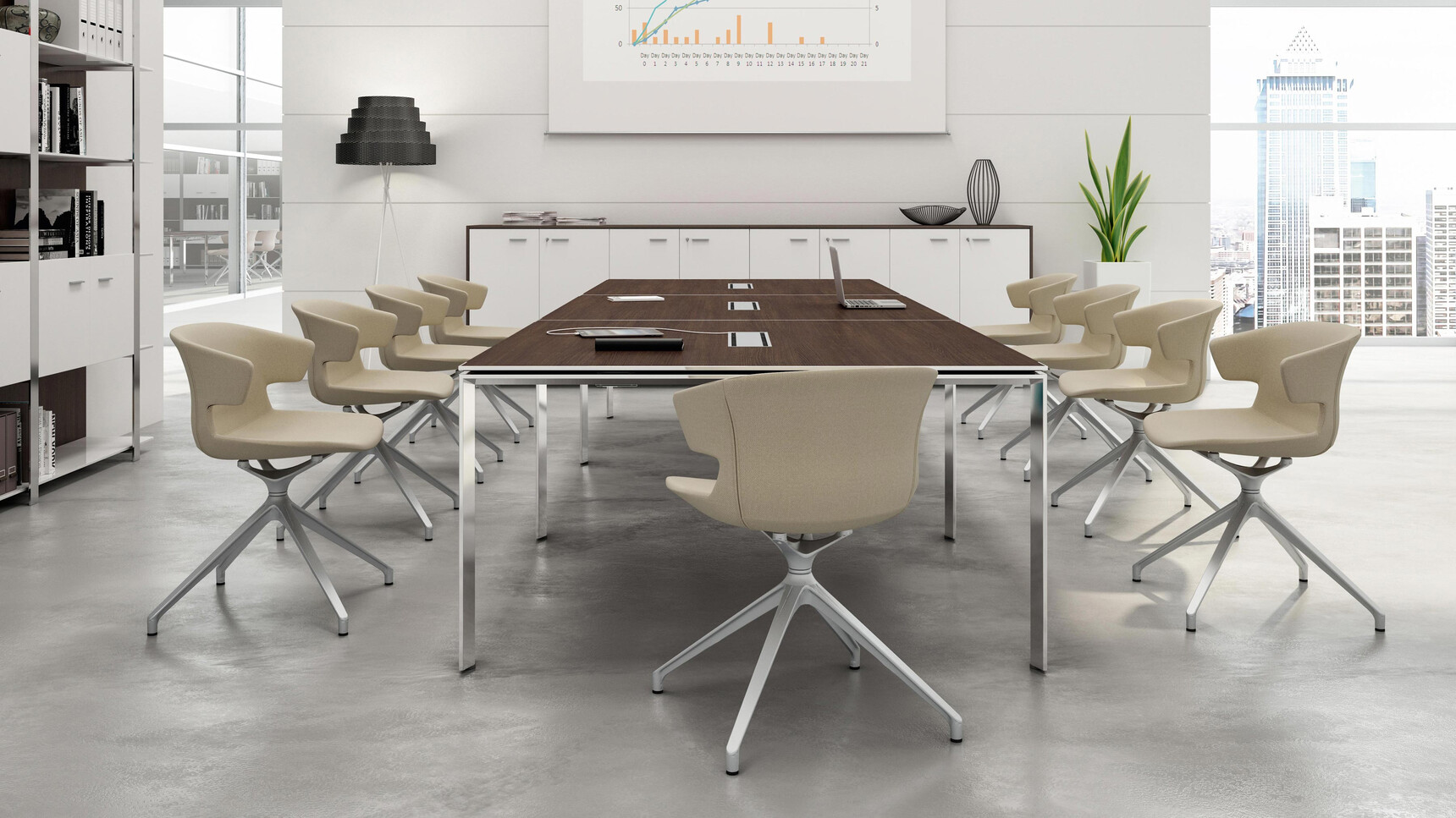 Quadrifoglio X7 Melamine Goalpost Leg Boardroom Table With Three Sections In Dark Wood Finish And Chrome Leg Finish And Three Grey Aluminium Flaps With Eight Legs And Nine Quadrifoglio Chairs At Desk