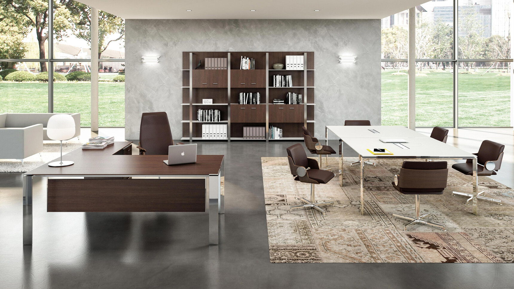 Quadrifoglio X7 Melamine Goalpost Leg Boardroom Table With Two Sections In White Finish And Chrome Leg Finish And Two Grey Aluminium Flaps With Six Quadrifoglio Chairs At Desk In Brown Upholstery And X7 Desk
