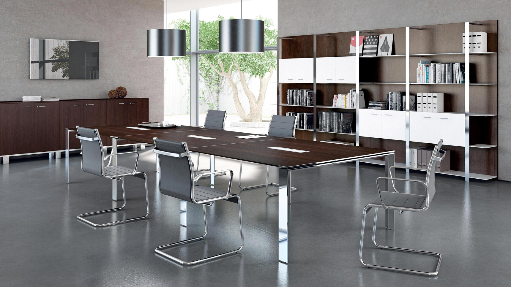 Quadrifoglio X7 Melamine Goalpost Leg Boardroom Table With Three Sections In Dark Wood Finish And Chrome Leg Finish And Three Grey Aluminium Flaps With Five Quadrifoglio Chairs At Desk In Dark Grey Upholstery