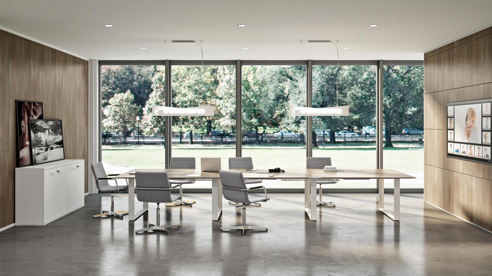 X7 Melamine Recessed Loop Leg Boardroom Table With Wood Finish Three Section Top With Four White Loop Legs With Six Grey Upholstered Quadrifoglio Chairs