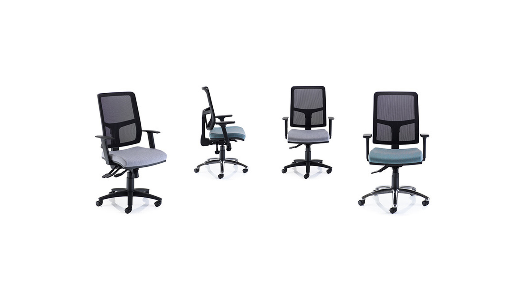 Four PSI Sky Mesh Office Chairs In Grey And Green Upholstery On White Background