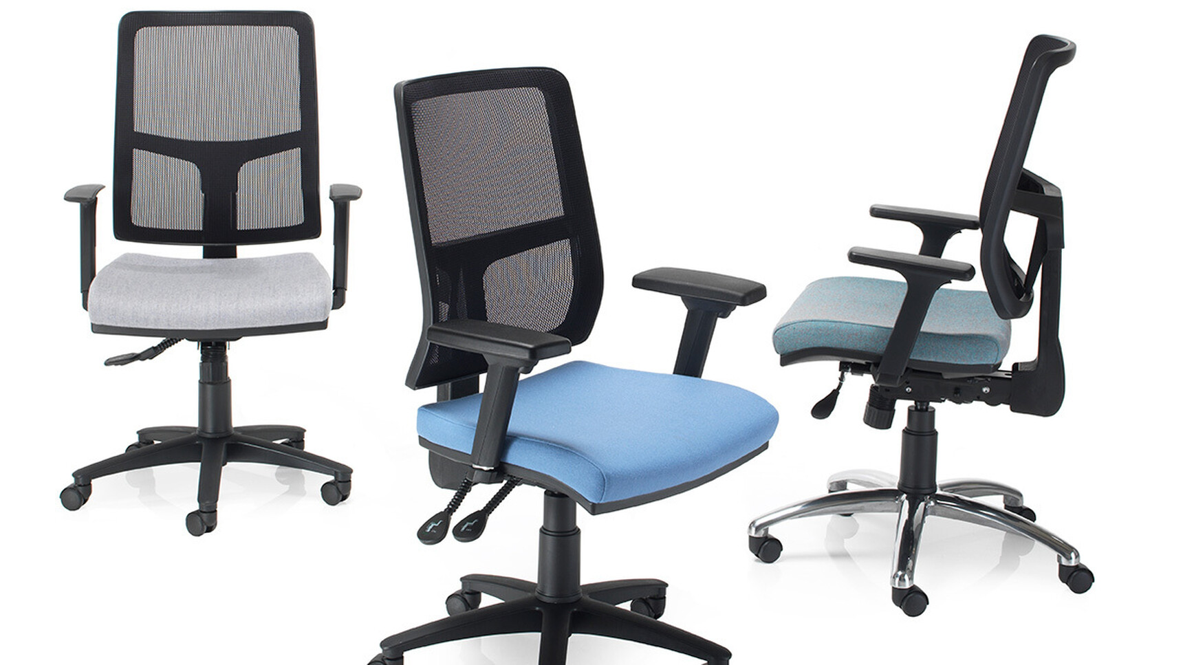 Three PSI Mesh Office Chairs In Various Colours On White Background