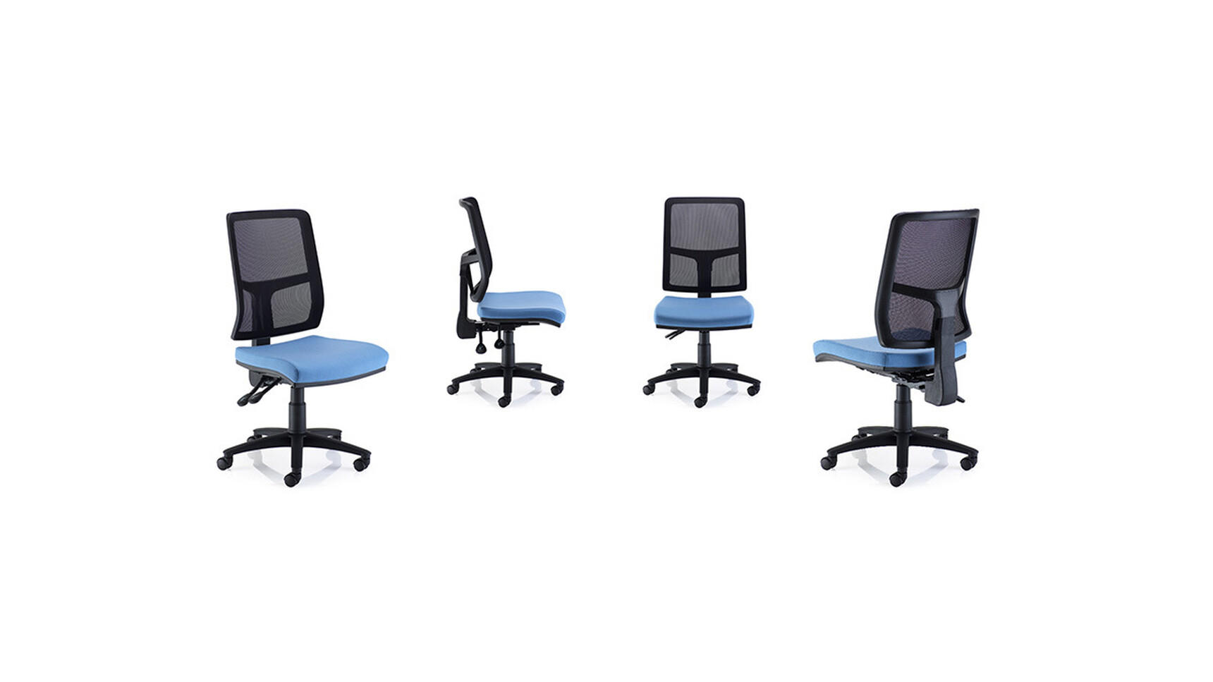 Four PSI Sky Mesh Office Chairs In Blue Upholstery On White Background