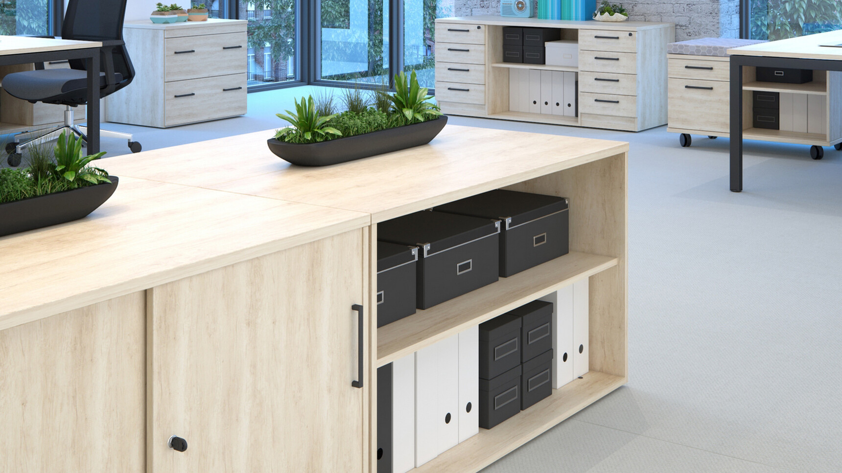 Elite Desk High Combi Storage Unit With Light Wood Finish With Mobile Under Desk Pedestal & Storage Unit with Two Drawers And Seat Pad With Open Fronted Desk High And Desk High 400mm Deep Storage Units