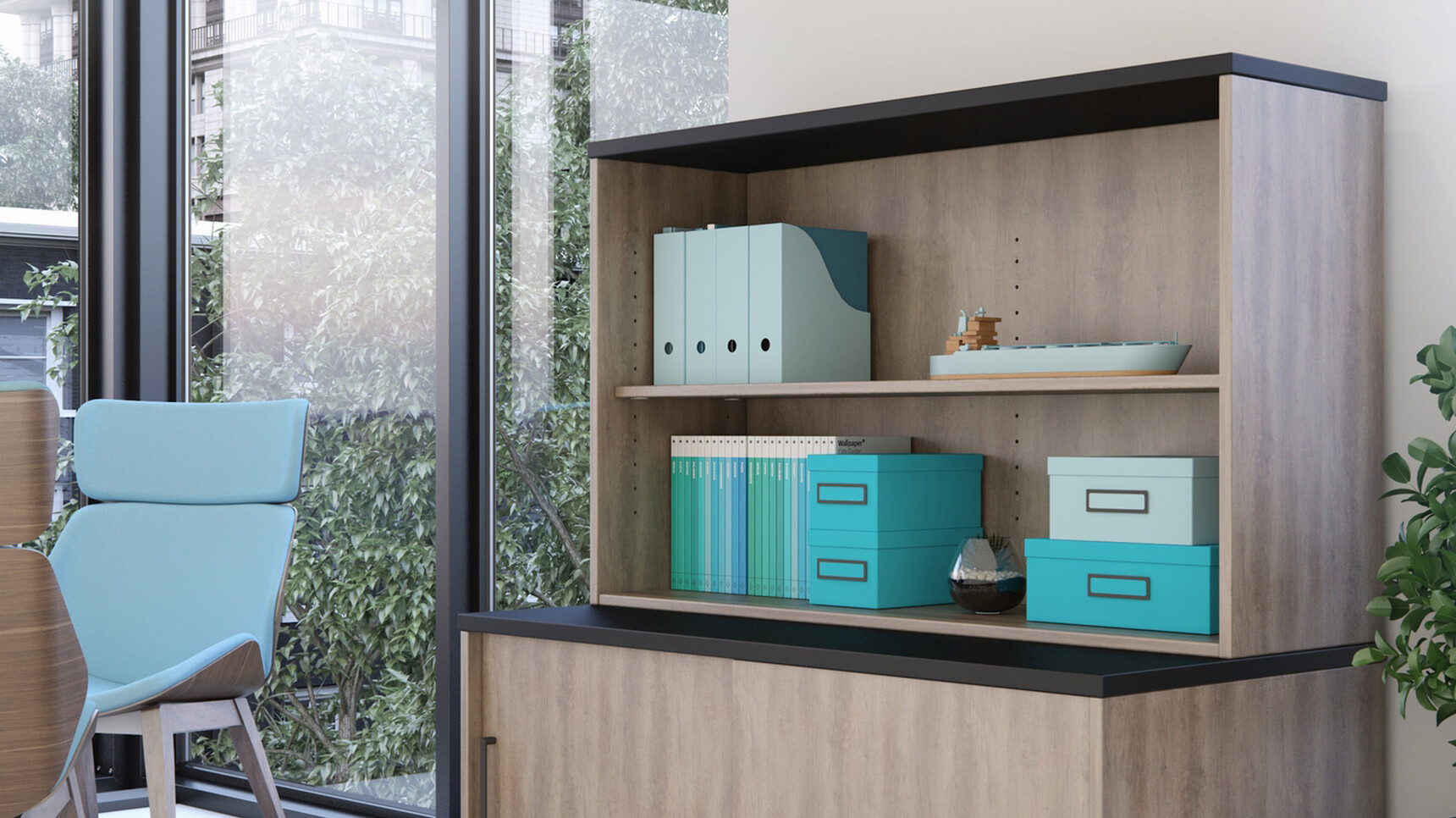 Elite Open Fronted Desktop Storage Unit With Dark Wood Finish And Black Top WIth Desk High Storage Unit With Dark Wood Finish And Black Top In Office Environment