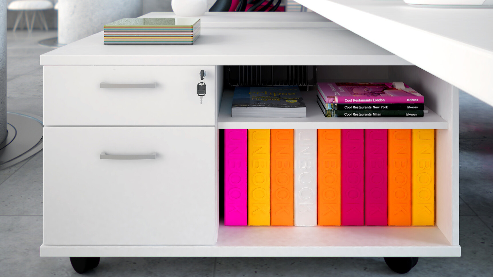 Two Elite Mobile Under Desks Pedestal & Storage Units with Two Drawers With White Finish On Castors Under Desk In Office Environment