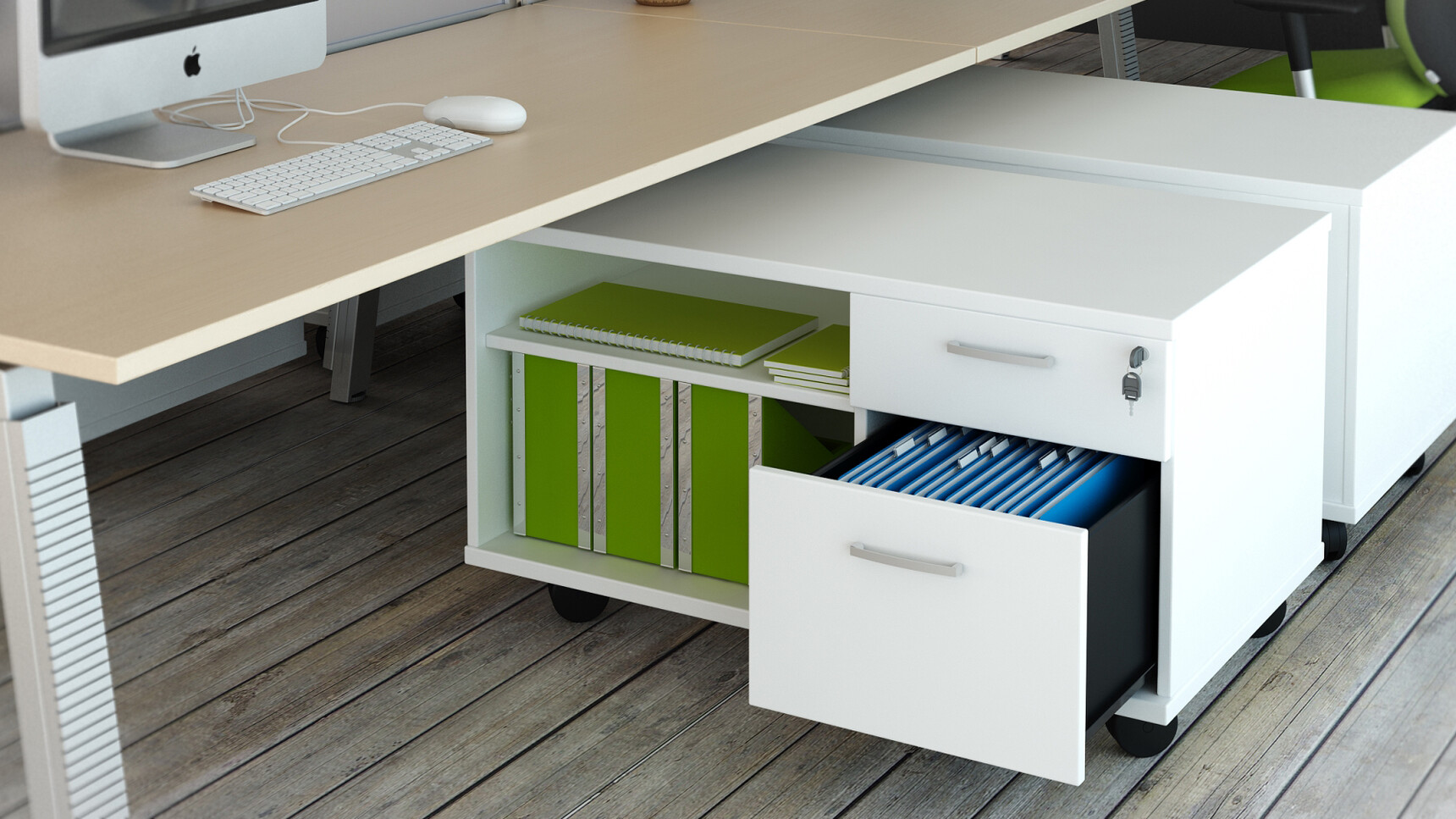 Two Elite Mobile Under Desks Pedestal & Storage Units with Two Drawers With White Finish On Castors Under Wood Finish Desk In Office Environment