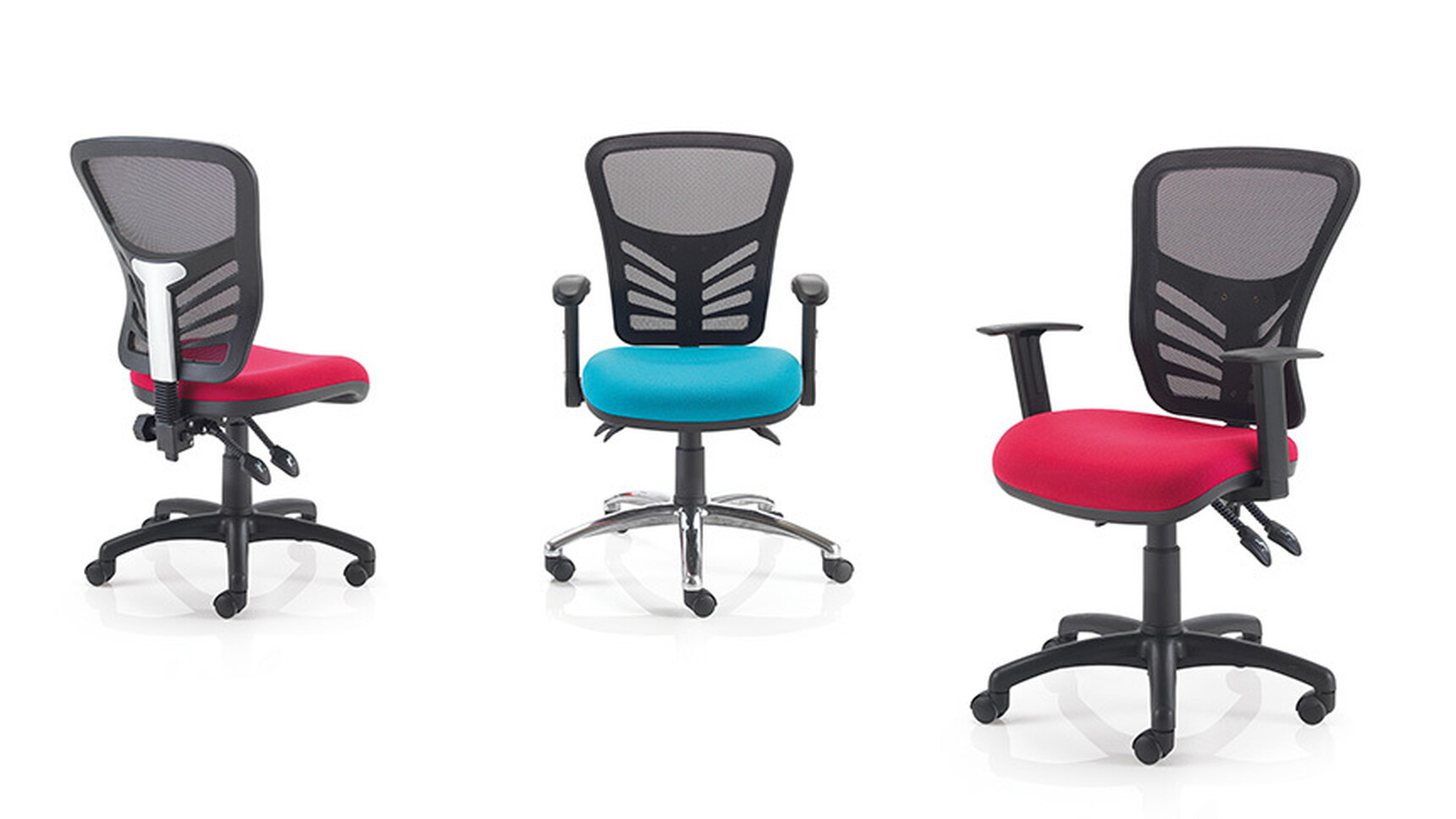 Three PSI Sketch Mesh Office Chairs In Blue And Red Upholstery On White Background