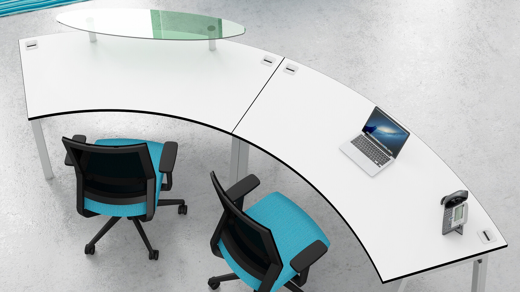 Two Elite Linnea Radius Reception Desks With White Table Top Finish And White Metal Leg Finish And One Glass Shelf With Two Elite Office Chairs With Black Backrests And Blue Upholstery