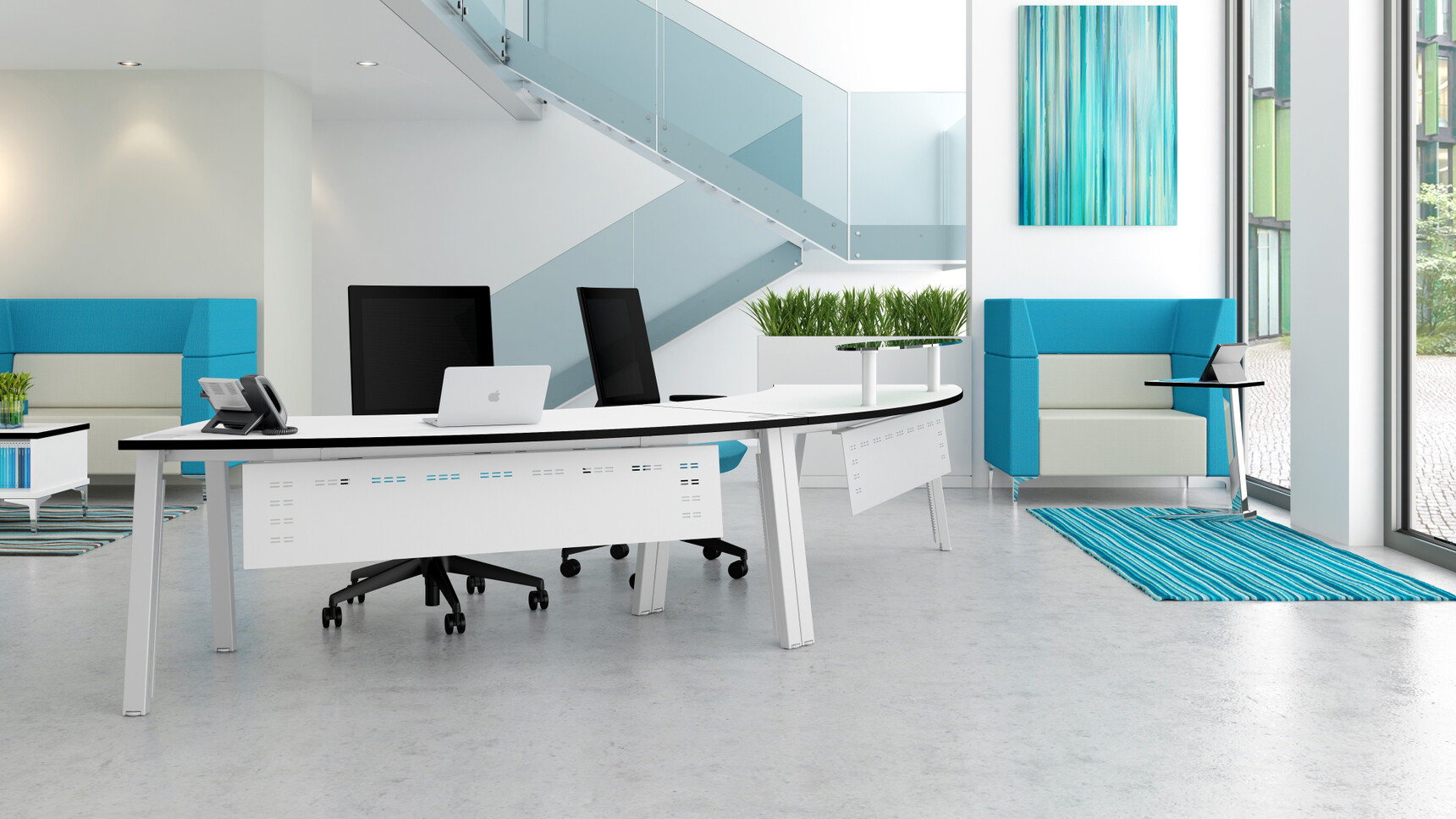 Two Elite Linnea Radius Reception Desks White Finish Linnea Steel Modesty Panel One Glass Shelf Two Elite Black Office Chairs Nova Trapezium Table