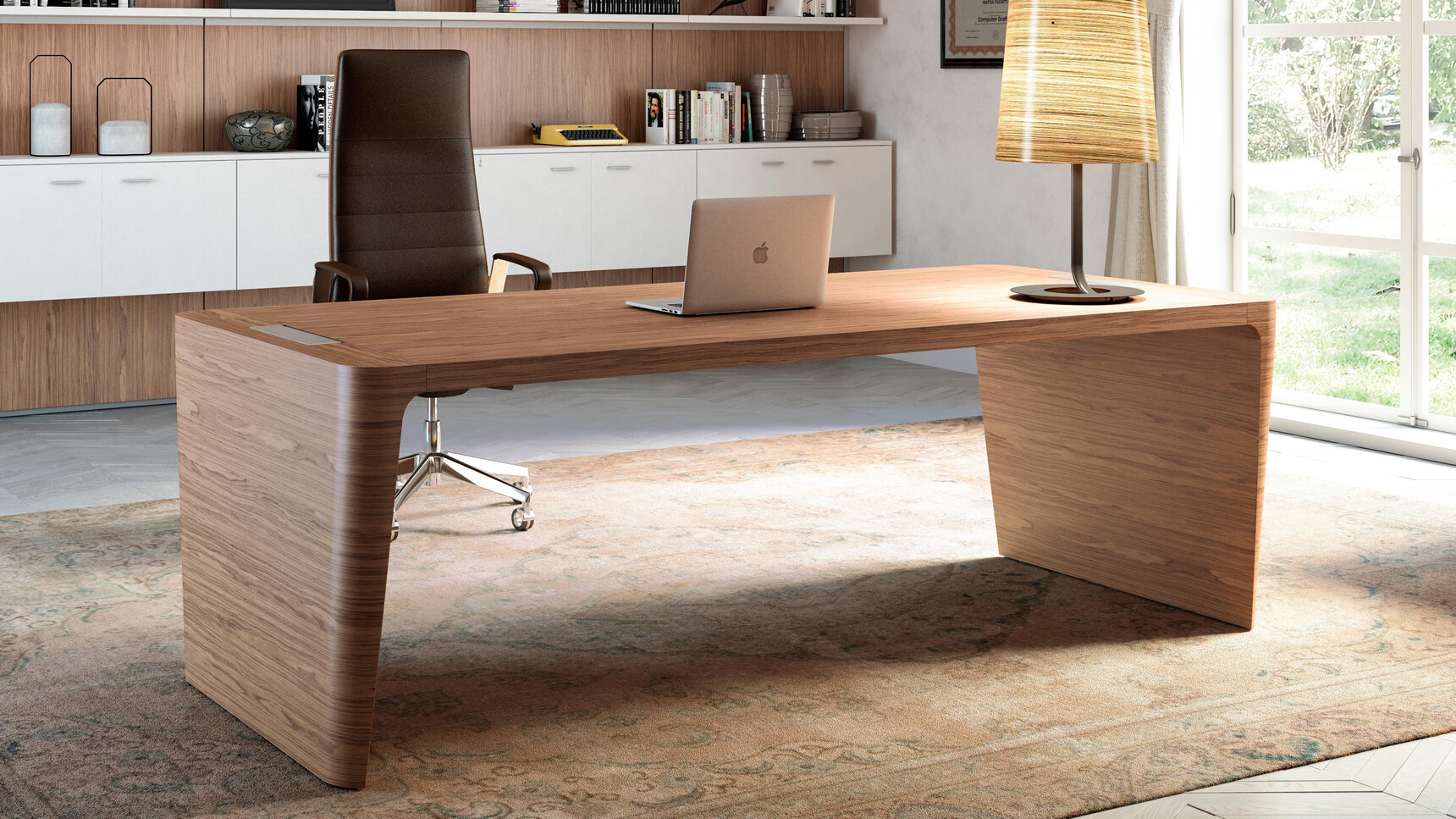 X10 Wood Veneer Desk With Dark Wood Finish With Directa Executive Highback Armchair At Desk