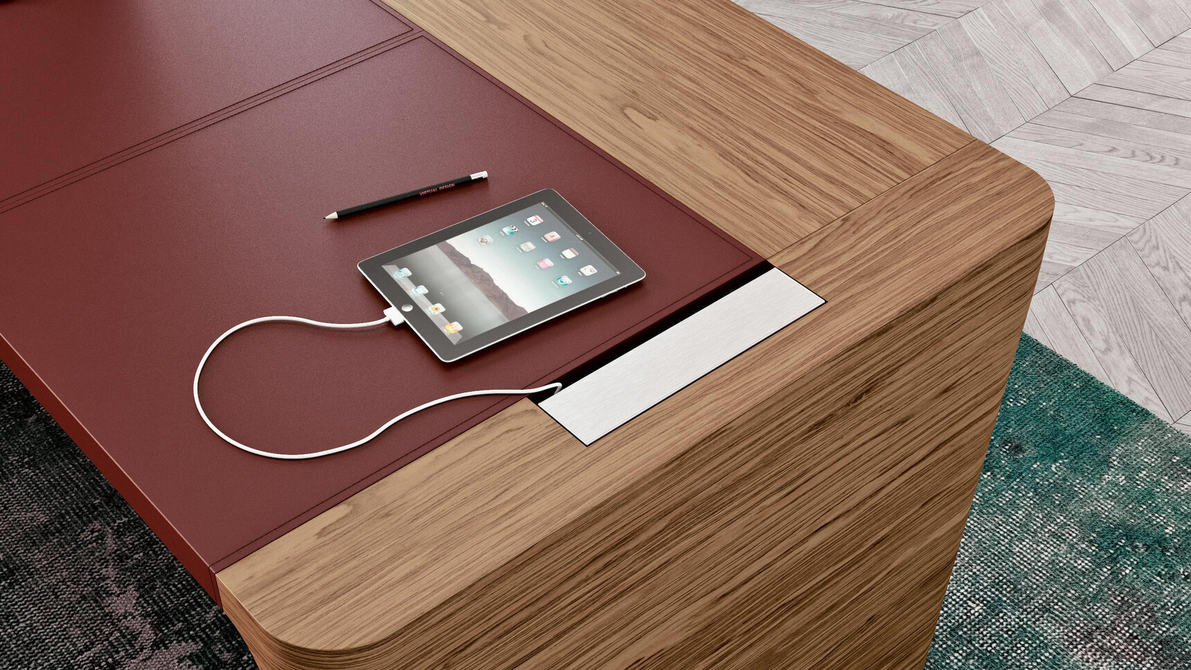 X10 Wood Veneer Desk With Brown Leather Inlay And Wood Finish Detail Image