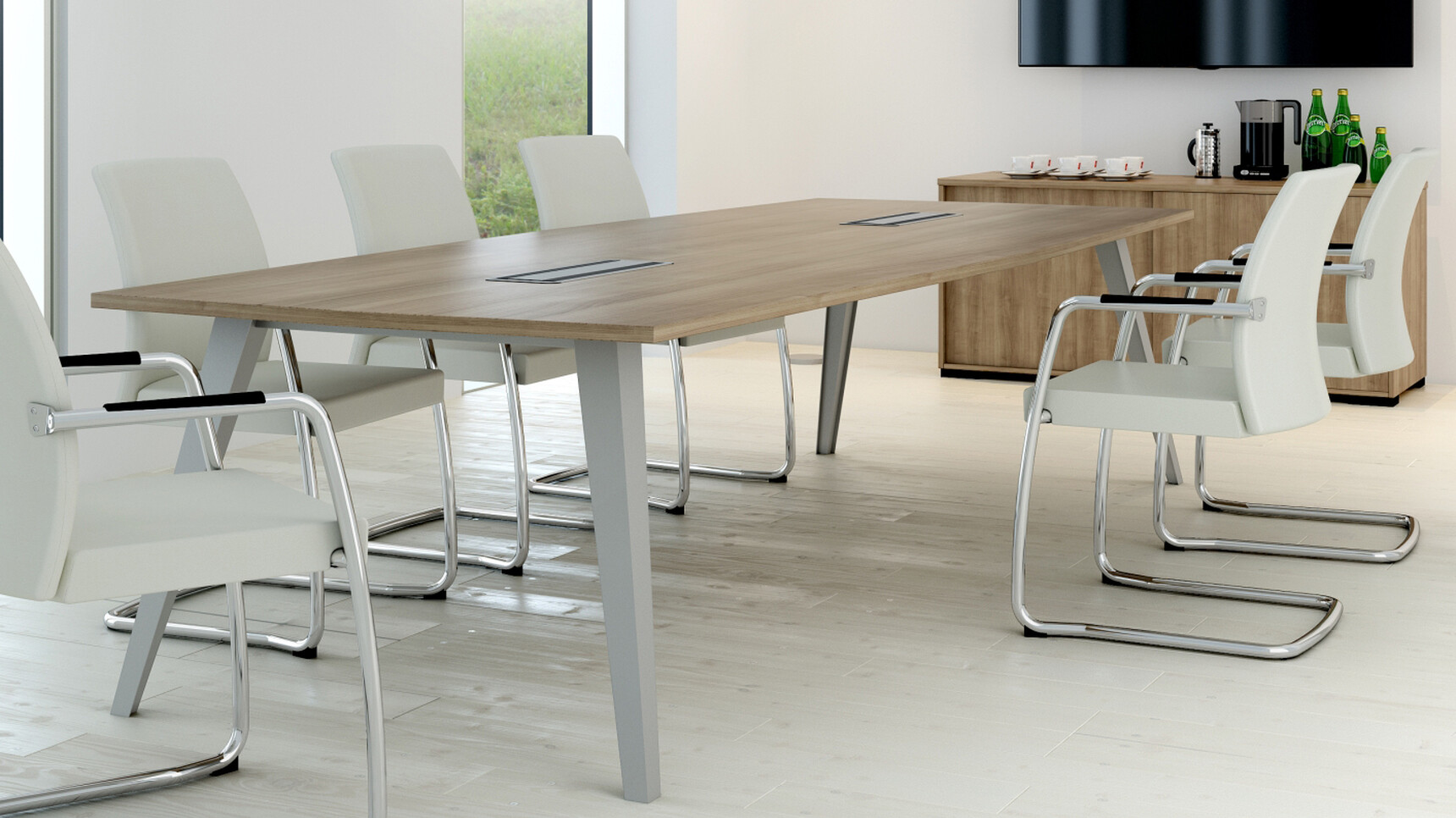 Six Elite Moda Fully Upholstered Full Cantilever Base Meeting Chairs White Upholstery Polished Chrome Base At Reflex Rectangular Desk Wood Finish Silver Leg