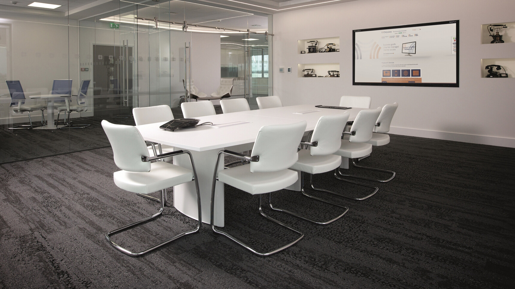 Ten Elite Moda Fully Upholstered Open Cantilever Base Meeting Chairs White Upholstery Polished Chrome Base Aerofoil Boardroom Table Two Section Top White Finish